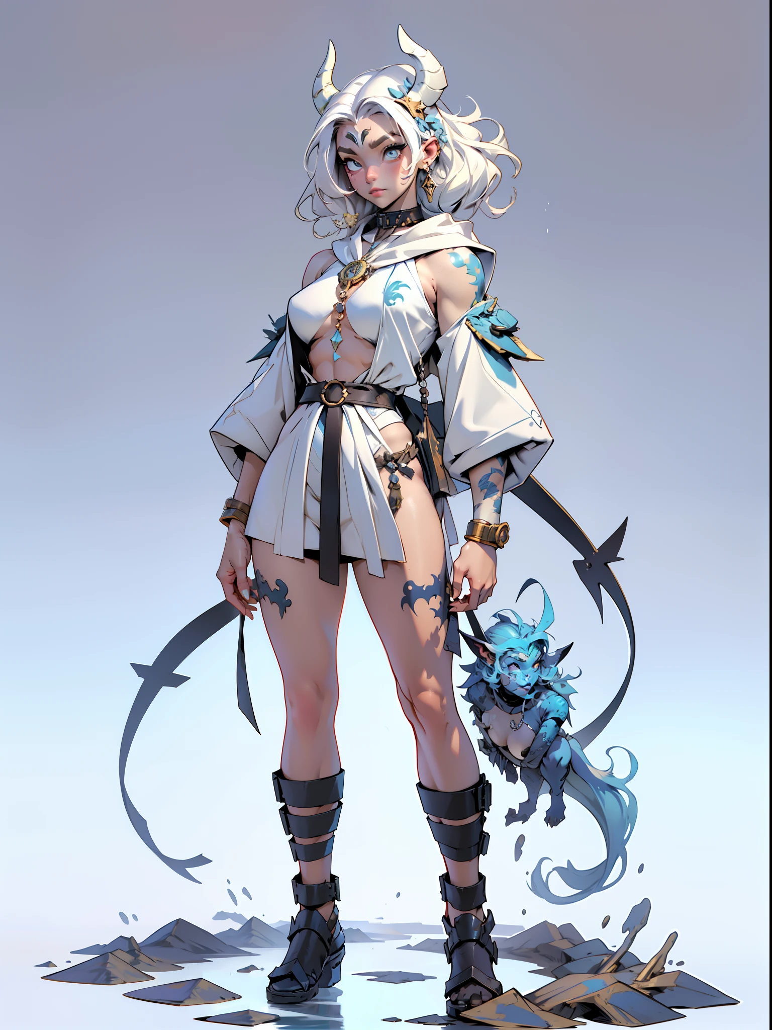 ((top-quality))、((tmasterpiece))、((Full body photo of a woman))、((very simple background))、(Game character design)、amazon warrior，Primitive barbarian tribal style，Water element chest shell，exposed navels，Animal skin clothing，cloaks，Blue clothes，Blue demon monster、monster design，(Water Goddess，Marine element merger)、Cartoony、Beastman、Ivory ornaments、独奏、Fighting posture，Riot game concept art