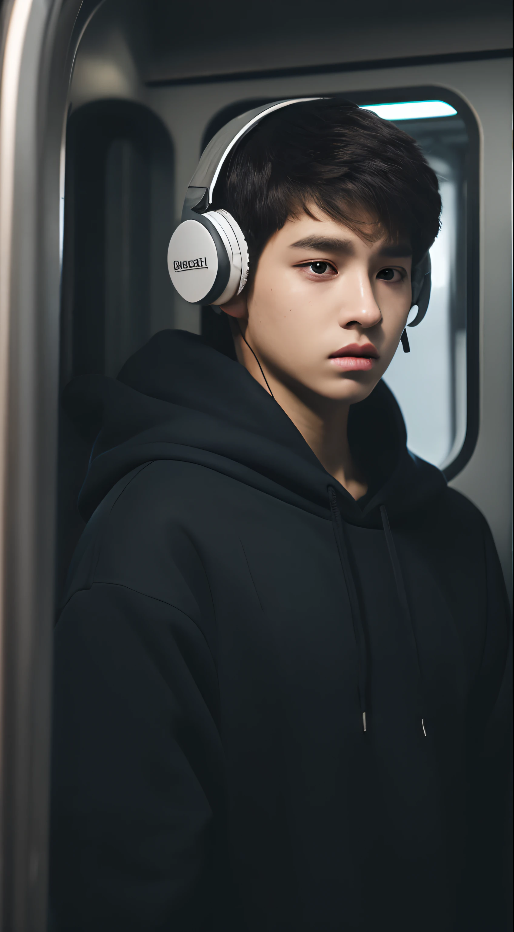 A boy standing in a crowded train, wearing a hoodie, stressed, using headphone, scrolling mobile phone, BTS hoodie, headphone, over head headphones, 4k realistic, potrait