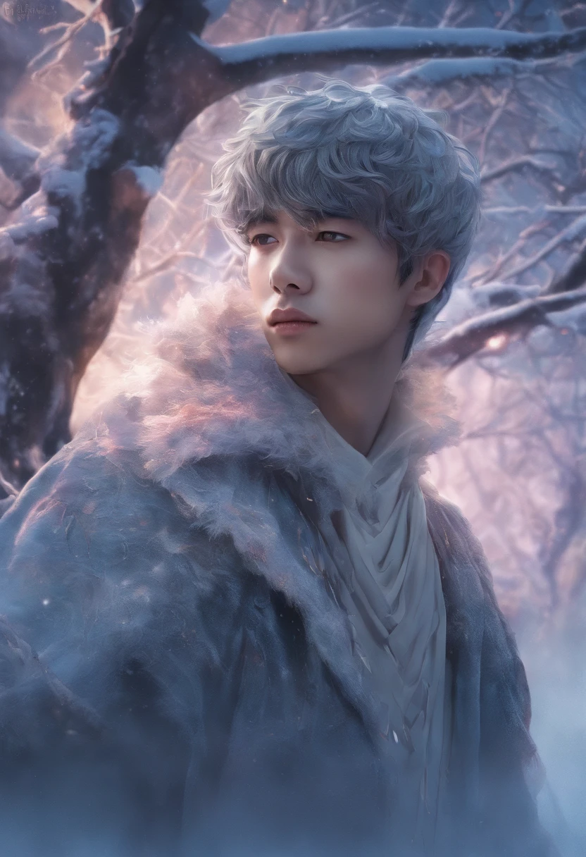 winter light, winter environment, masterpiece, young korean idol boy in focous shot, korean male,full body size, christmas theme, grey eyes, vertical pupils, forest, grey hair, cold look, light modern clothes, pale skin, colour grading, light illustration, the person in the middle, extreme quality, radiant, extremely detailed, ultra-detailed face, ultra hd 8k, ultra digitality, mythical, winter evening lightning, concept art portrait by Greg Rutkowski, artgerm, hyperdetailed, intricately detailed art, fantasy style, triadic colours, fantastical, intricate detail, splash screen, complementary colours, fantasy concept art, 8k resolution, deviantart masterpiece, oil painting, heavy strokes, soft lighting, film photography, analogue photography, film grain, Anna Dittmann, hyperrealism, oil dripping,boy,male, korean idol male face, short hair male,