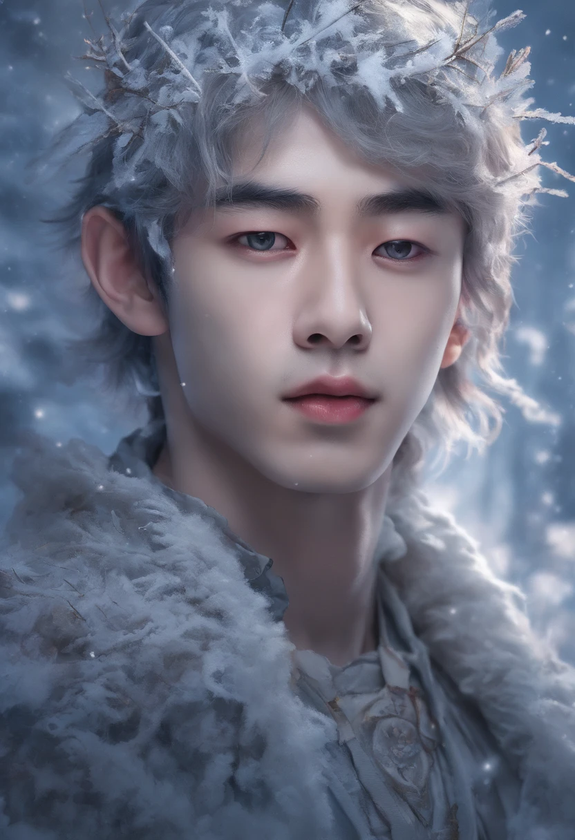 winter light, winter environment, masterpiece, young korean idol boy in focous shot, korean male,full body size, christmas theme, grey eyes, vertical pupils, forest, grey hair, cold look, light modern clothes, pale skin, colour grading, light illustration, the person in the middle, extreme quality, radiant, extremely detailed, ultra-detailed face, ultra hd 8k, ultra digitality, mythical, winter evening lightning, concept art portrait by Greg Rutkowski, artgerm, hyperdetailed, intricately detailed art, fantasy style, triadic colours, fantastical, intricate detail, splash screen, complementary colours, fantasy concept art, 8k resolution, deviantart masterpiece, oil painting, heavy strokes, soft lighting, film photography, analogue photography, film grain, Anna Dittmann, hyperrealism, oil dripping,boy,male, korean idol male face, short hair male,
