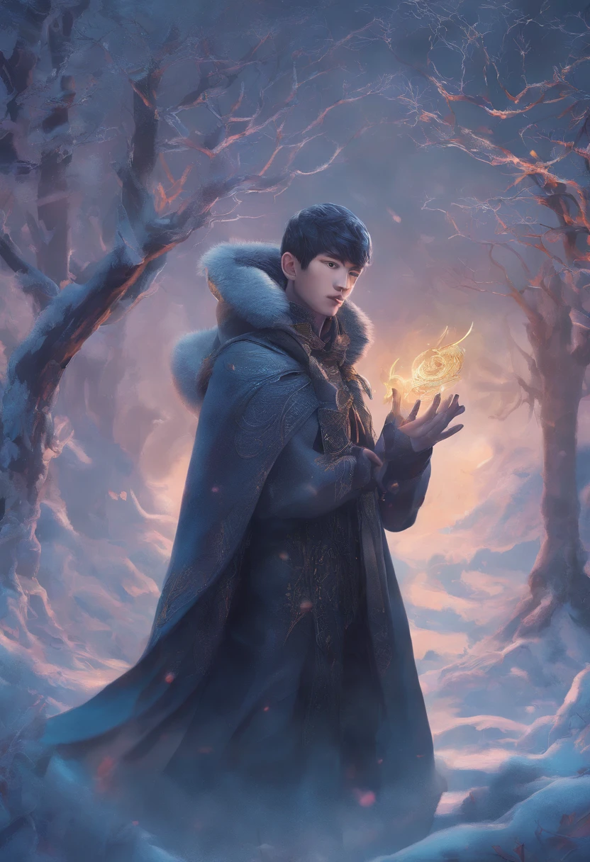 winter light, winter environment, masterpiece, young korean idol boy in focous shot, korean male,full body size, christmas theme, grey eyes, vertical pupils, forest, grey hair, cold look, light modern clothes, pale skin, colour grading, light illustration, the person in the middle, extreme quality, radiant, extremely detailed, ultra-detailed face, ultra hd 8k, ultra digitality, mythical, winter evening lightning, concept art portrait by Greg Rutkowski, artgerm, hyperdetailed, intricately detailed art, fantasy style, triadic colours, fantastical, intricate detail, splash screen, complementary colours, fantasy concept art, 8k resolution, deviantart masterpiece, oil painting, heavy strokes, soft lighting, film photography, analogue photography, film grain, Anna Dittmann, hyperrealism, oil dripping,boy,male, korean idol male face, short hair male,