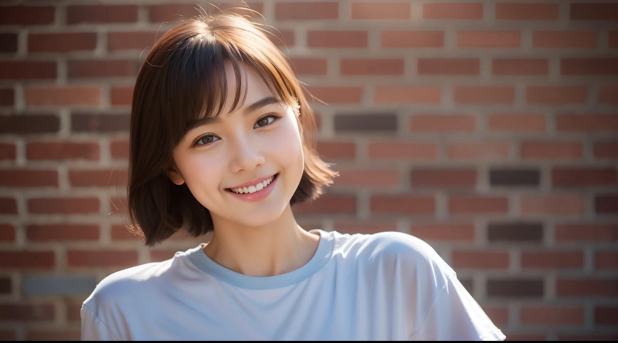 Wearing a white T-shirt、Close up photo of Japan girl in her 20s with beautiful model, Photorealsitic, highcontrast, 8k HD, detaileds, realistic skin textures, top-quality, 超A high resolution, Raw photo, Dramatic Lighting, unrealengine, a smile, Short-cut hairstyles、 beautiful girl model,, detaile, hyperdetails, realistic skin textures,dramatic lighting, Smiling