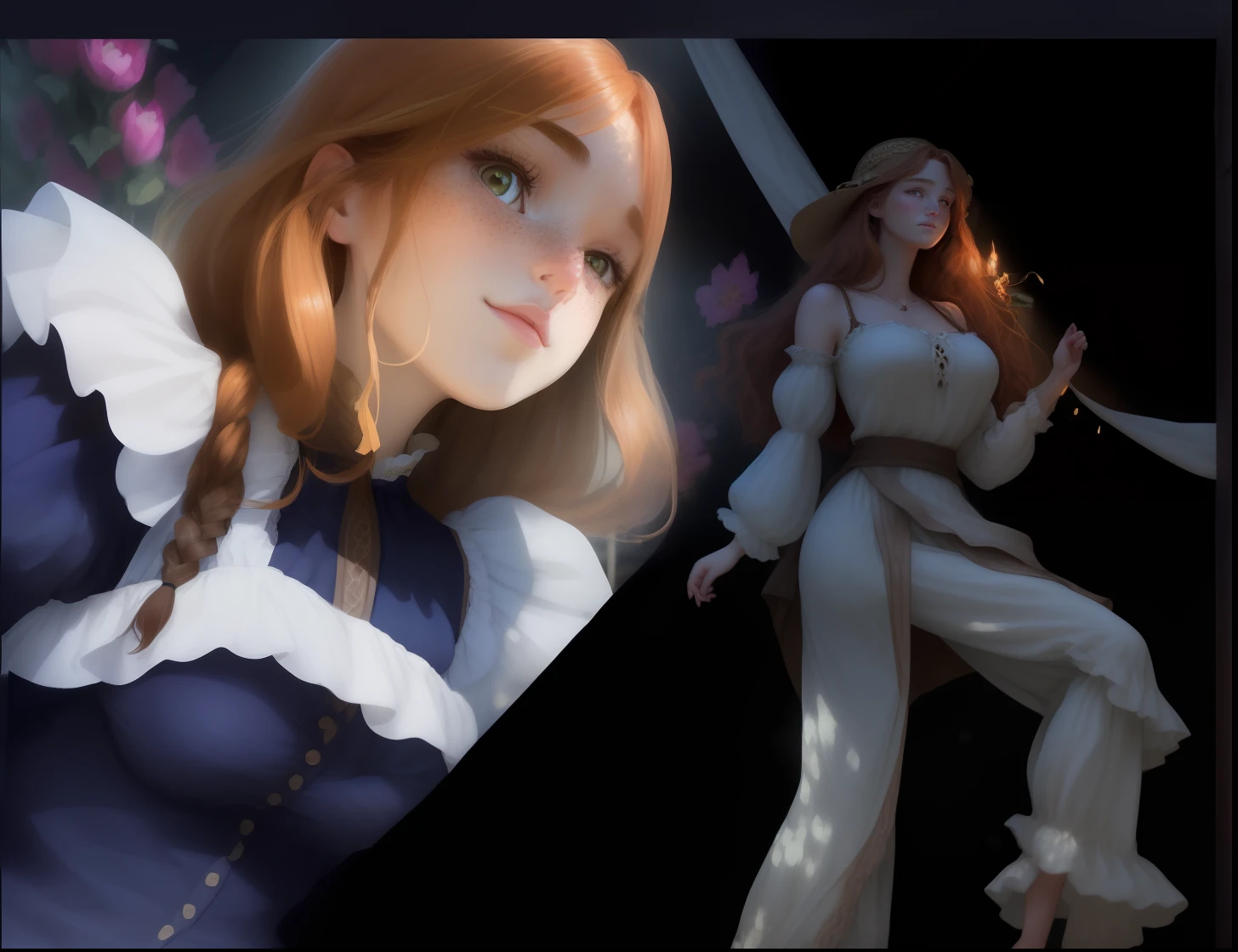 Luma is an elegant person, She is beautiful、Has a strong posture, She has breasts with voluminous proportions, Feminine silhouette of pear, reddish brown hair, long reddish-brown hair, She has expressive eyes, ( Eyes only olive green) Her skin is fair and、There are light freckles on the cheekbones, busty, farms, Brown rustic clothes, Boho clothes, Farm boho fashion clothes, romantic atmoshere, Fire Lamp, Fire glow, Flowers half straighten hair、Wear a cartoon with curled ends half