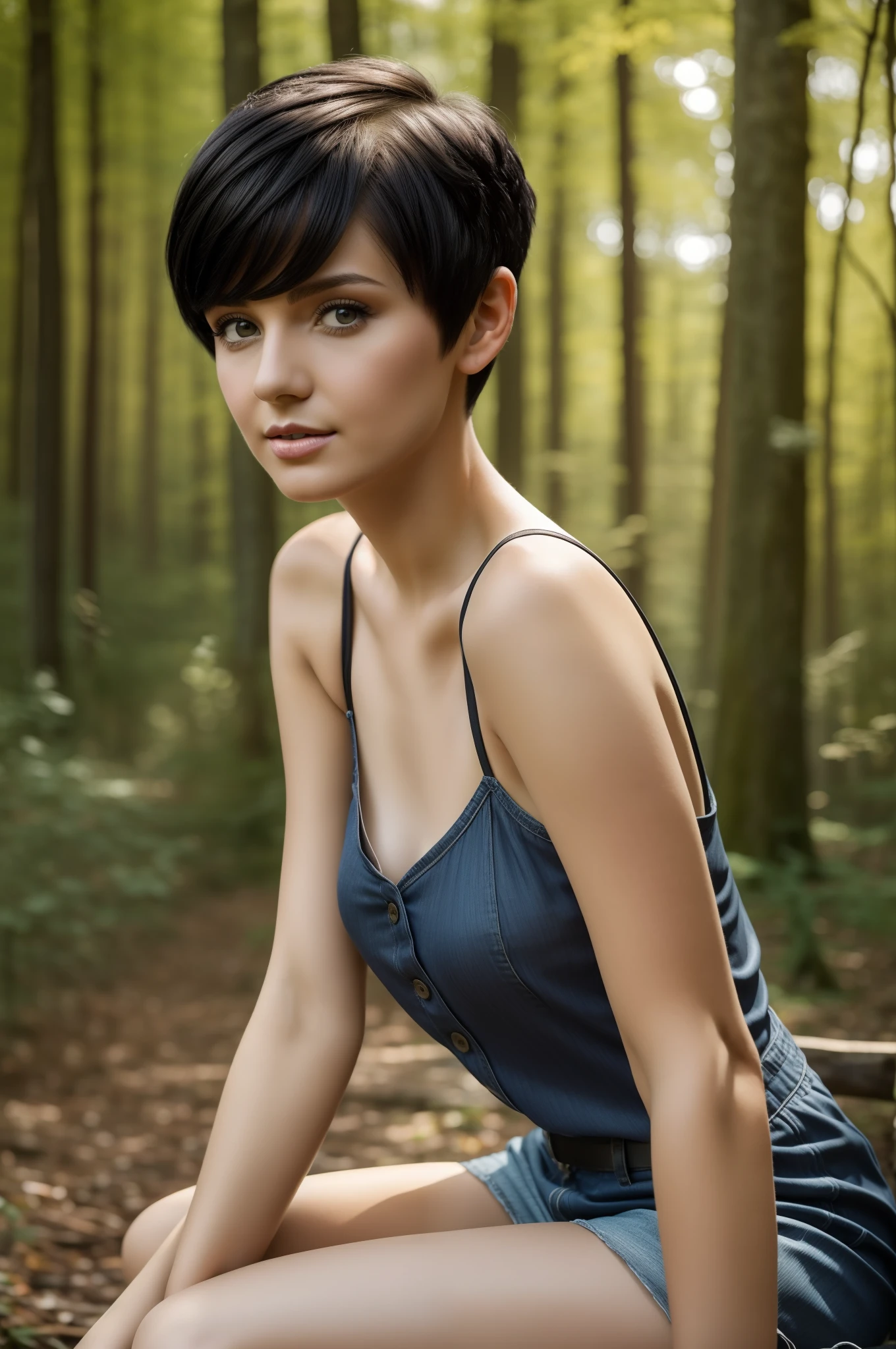 best image quality, masterpiece, very high resolution, (fidelity: 1.4), photo, 1 girl, daytime, forest glade, best quality, 8k, masterpiece: 1.3, ultra-realistic, sitting on a bench posing for a photo, leaning towards cams, fairy shape short black hair, Anastasia ovchinnikova, black short hair, pixie cut short black hair, with short hair, Olga Buzova, short black hair, alina ivanchenko, short dark haircut, fairy haircut, fairy haircut, Julia Gorokhova , short dark hair, Masterpiece, (short black hair), outdoors, best quality, very high resolution, raw photo, diffused sunlight,