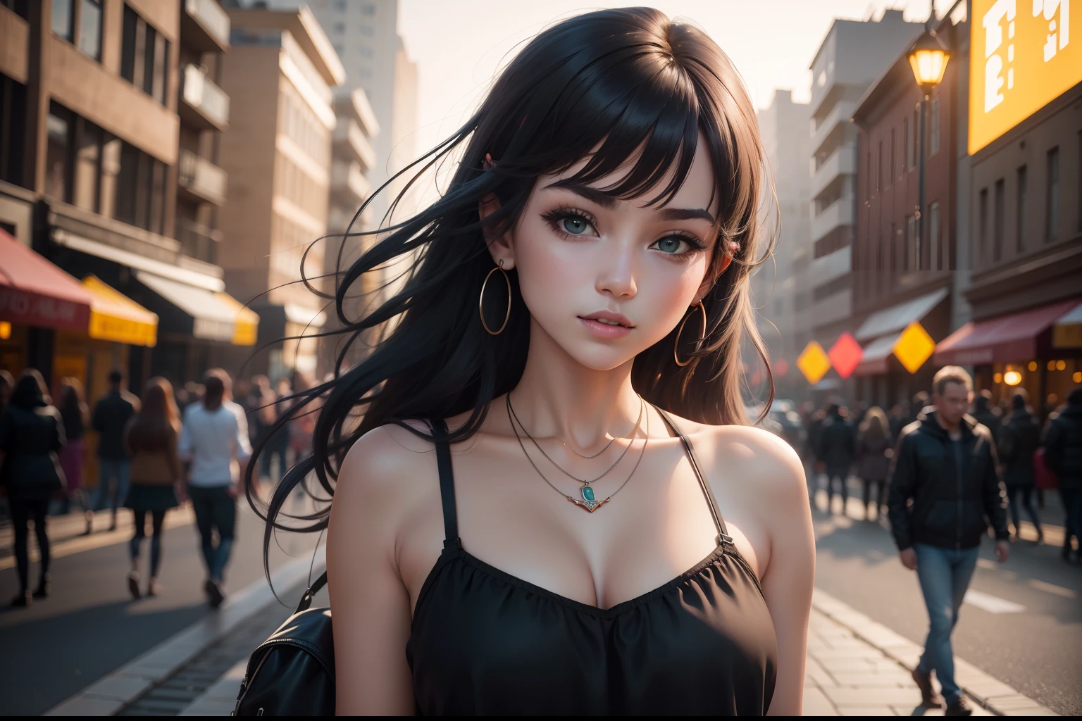 1 girl, Best quality, Masterpiece, high resolution, [purple|Plata|Green] _Hair, Black miniskirt, hair adornments, necklace, jewelry, Beautiful face, expecting, Full body view, Realistic, En plein air, Modern square, Two-tone lighting, (High detail skin: 1.2), 8K  UHD, Digital SLR, Soft light, High quality, volumettic light, candid, Photo, high resolution, 4K, 8K, Background blur