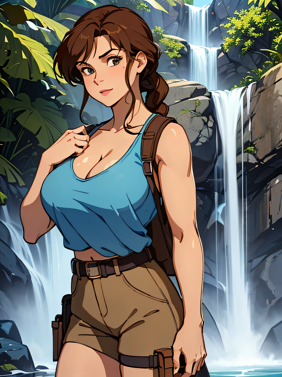 cowboy shot, lara croft in light blue tank top and light brown shorts and hip holsters on both legs and very small brown backpack, 1980s \(style\), 1girl, Full-body figure, dark brown hair, single braid hair, retro artstyle, looking at viewer, solo, light blue tank top, big tits, (naked_breasts:1.2), big_breasts, cleavage, jungle waterfall in the background
