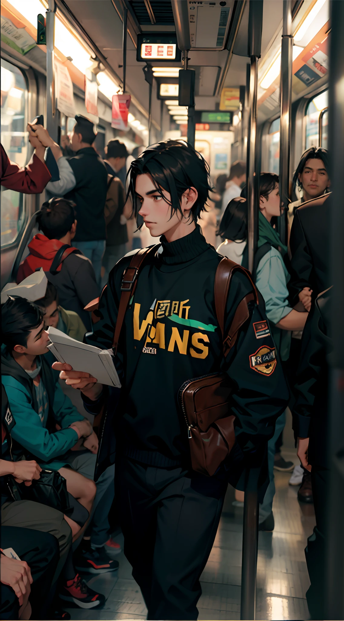 A man with black hair on a subway train