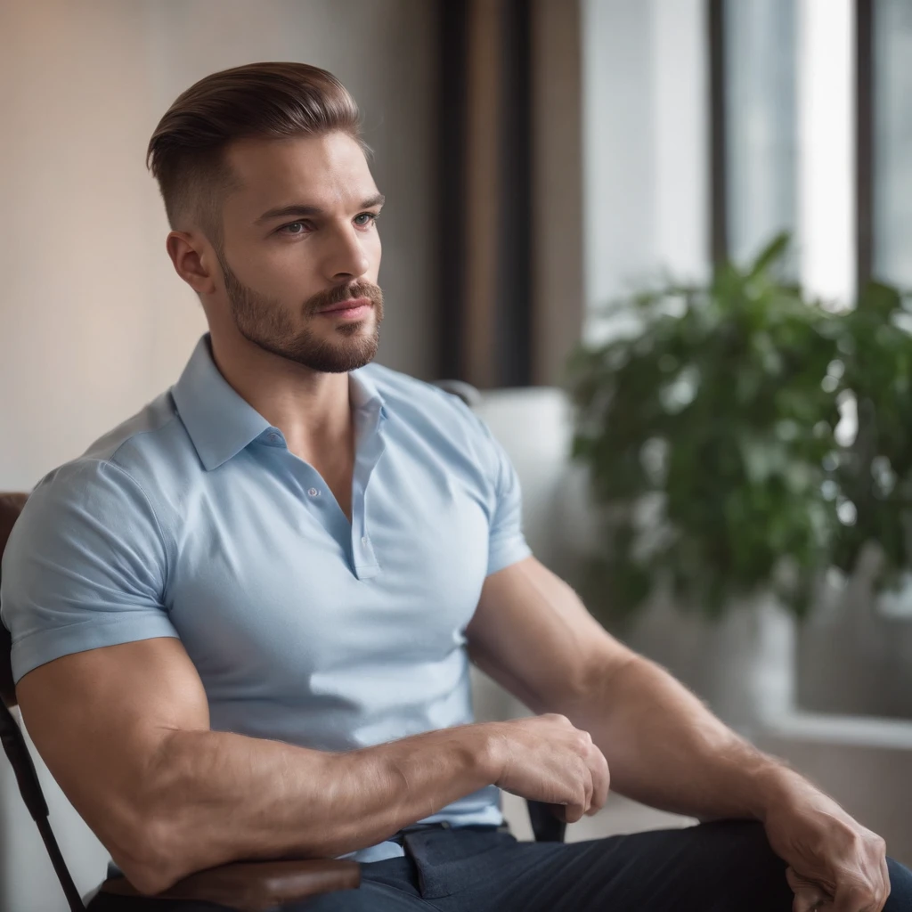 Mann mit langen braunen Haare und langen Vollbart , maskulin und robust, sexy masculine, Shirt, Sitzend auf Stuhl, Portrait, masculine and beautiful, Strong masculine traits, Er ist ein Rockstar, The extremely hot and sexy, Attraktives Mann, Hose, hintergrund skandinavischer Einrichtungsstil mit blauer wand