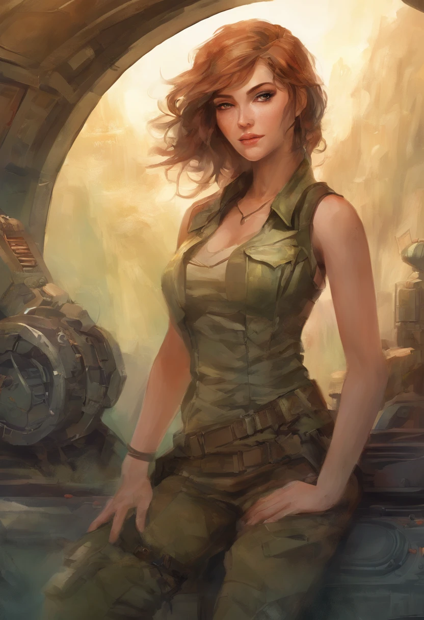 Highest quality, (dramatic lighting:0.7), masterpiece, high angle shot, RAW photo of (pale 21 year old woman with short hair, looking up at the viewer), cute, (wearing Tattered combat fatigues, Disheveled), (sitting inside a tank), portrait, perfect face, alluring eyes, vivid detail, (highly detailed skin), freckles, sfw, (blue tint:0.6), (dirty:0.8), (bloody:0.7), key lighting, (backlighting:0.5), medium depth of field, photographed on a Canon 5D, 50mm lens, F/4 aperture, (hyperdetailed, intricate details), sharp focus, muted colors, 8k, absurdres, 8mm film grain, war photography , gigantic breasts, abundant amount of cleavage ,surrealist proportions, clothes on, sfw