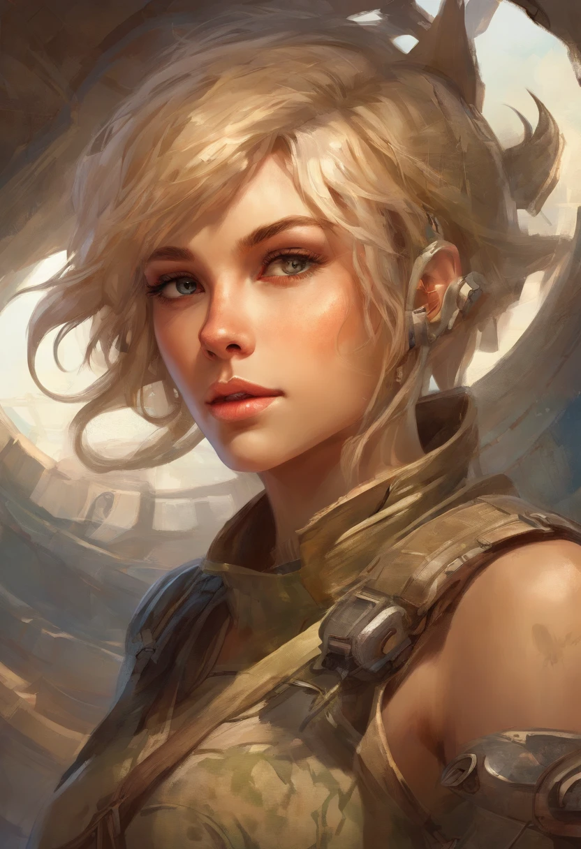 Highest quality, (dramatic lighting:0.7), masterpiece, high angle shot, RAW photo of (pale 21 year old woman with short hair, looking up at the viewer), cute, (wearing Tattered combat fatigues, Disheveled), (sitting inside a tank), portrait, perfect face, alluring eyes, vivid detail, (highly detailed skin), freckles, sfw, (blue tint:0.6), (dirty:0.8), (bloody:0.7), key lighting, (backlighting:0.5), medium depth of field, photographed on a Canon 5D, 50mm lens, F/4 aperture, (hyperdetailed, intricate details), sharp focus, muted colors, 8k, absurdres, 8mm film grain, war photography , gigantic breasts, abundant amount of cleavage ,surrealist proportions, clothes on, sfw