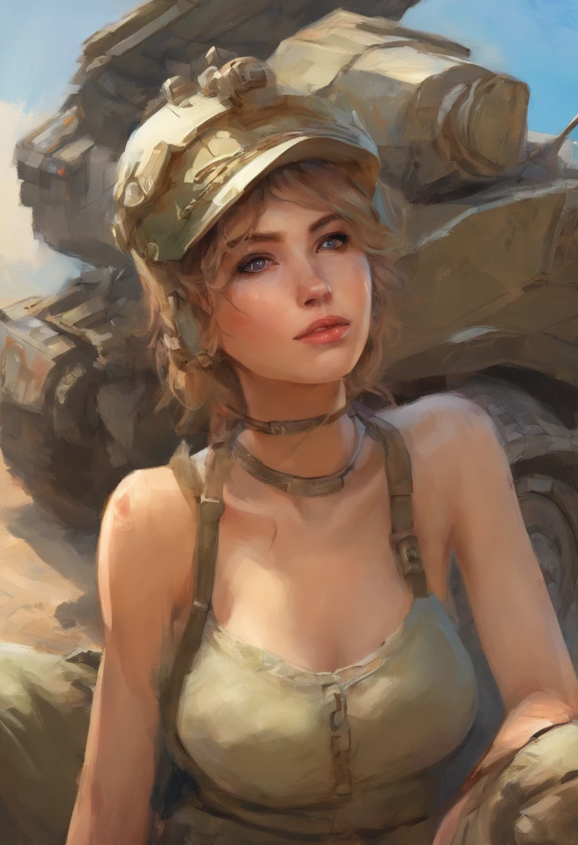 Highest quality, (dramatic lighting:0.7), masterpiece, high angle shot, RAW photo of (pale 21 year old woman with short hair, looking up at the viewer), cute, (wearing Tattered combat fatigues, Disheveled), (sitting inside a tank), portrait, perfect face, alluring eyes, vivid detail, (highly detailed skin), freckles, sfw, (blue tint:0.6), (dirty:0.8), (bloody:0.7), key lighting, (backlighting:0.5), medium depth of field, photographed on a Canon 5D, 50mm lens, F/4 aperture, (hyperdetailed, intricate details), sharp focus, muted colors, 8k, absurdres, 8mm film grain, war photography , gigantic breasts, abundant amount of cleavage ,surrealist proportions, clothes on, sfw