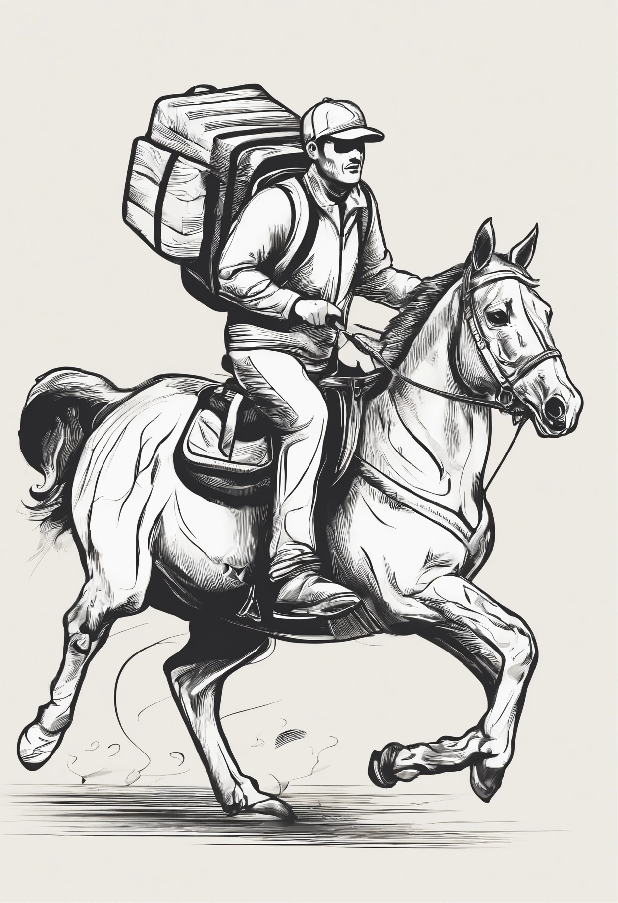 Man with pizza delivery guy's backpack on his back on a horse that's running.