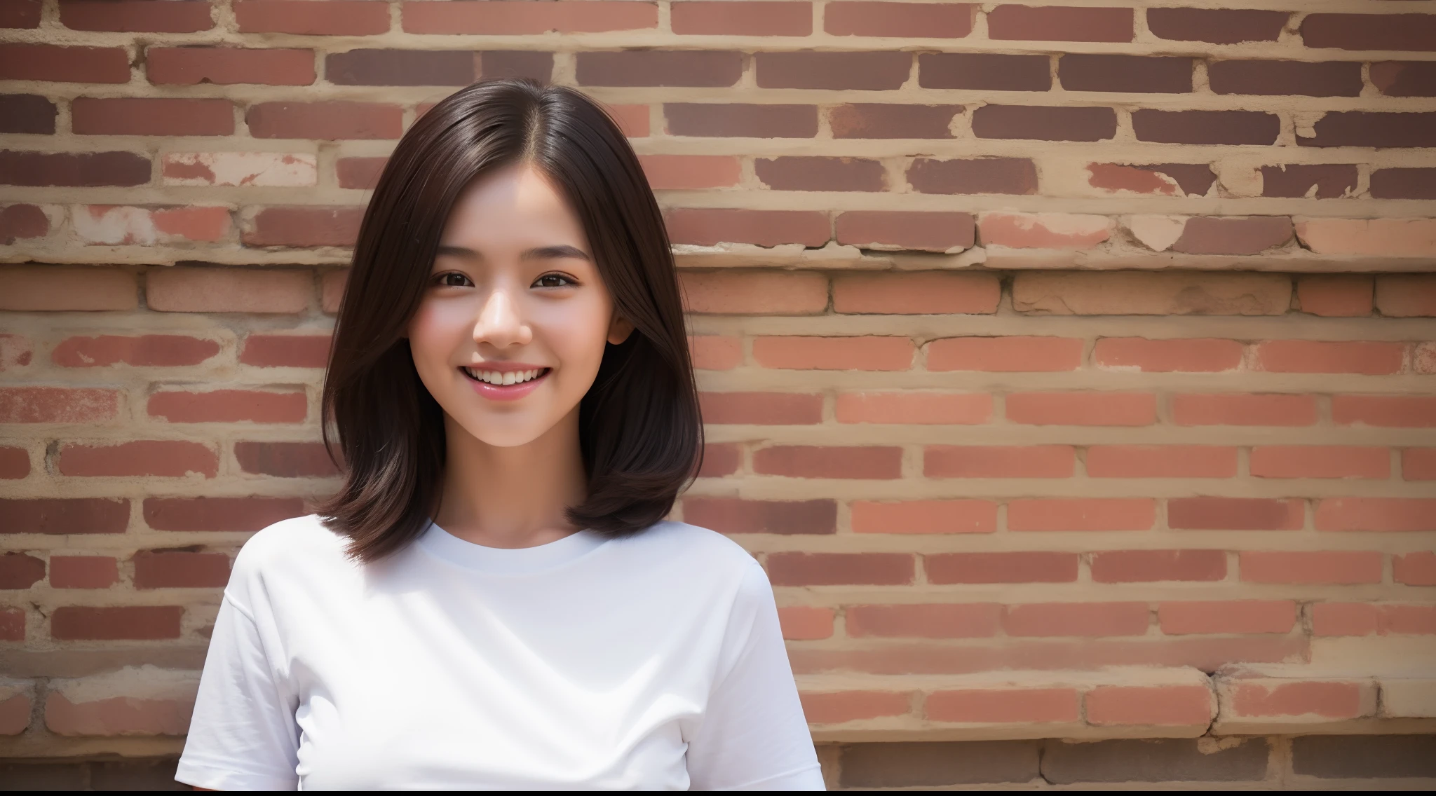 girl with, 独奏, A smile, Wearing a T-shirt, Brick wall background, top-quality, ​masterpiece, Realistic, ultra-detailliert, natural soft light