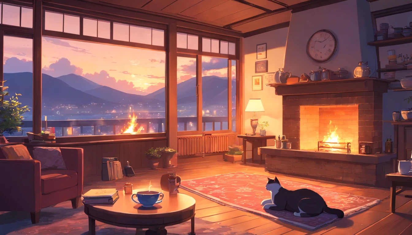 Fireplace at nightfall, cats sleeping, A cup of tea with steam, Scenic windows