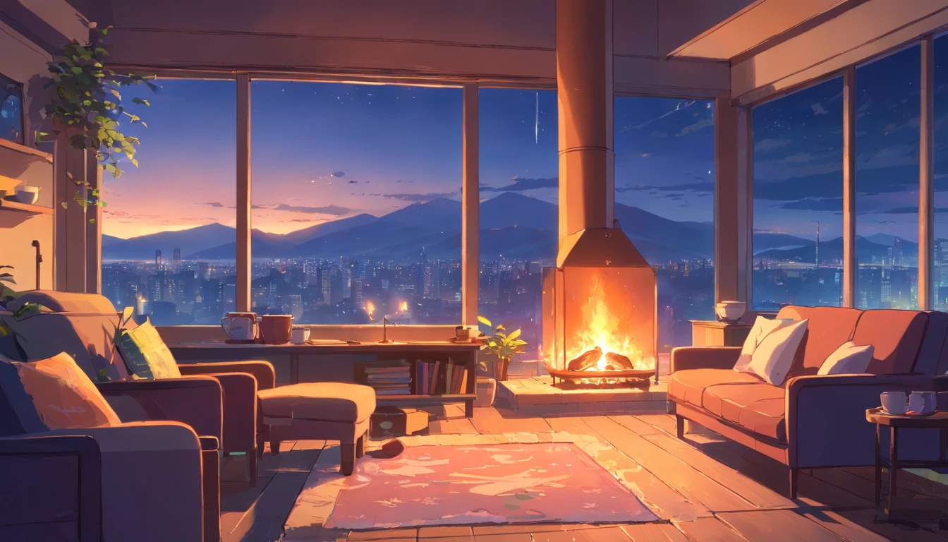 Fireplace at nightfall, cats sleeping, A cup of tea with steam, Scenic windows