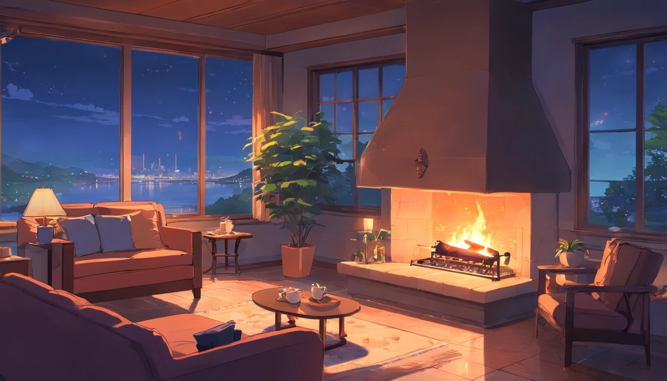 Fireplace at nightfall, cats sleeping, A cup of tea with steam, Scenic windows