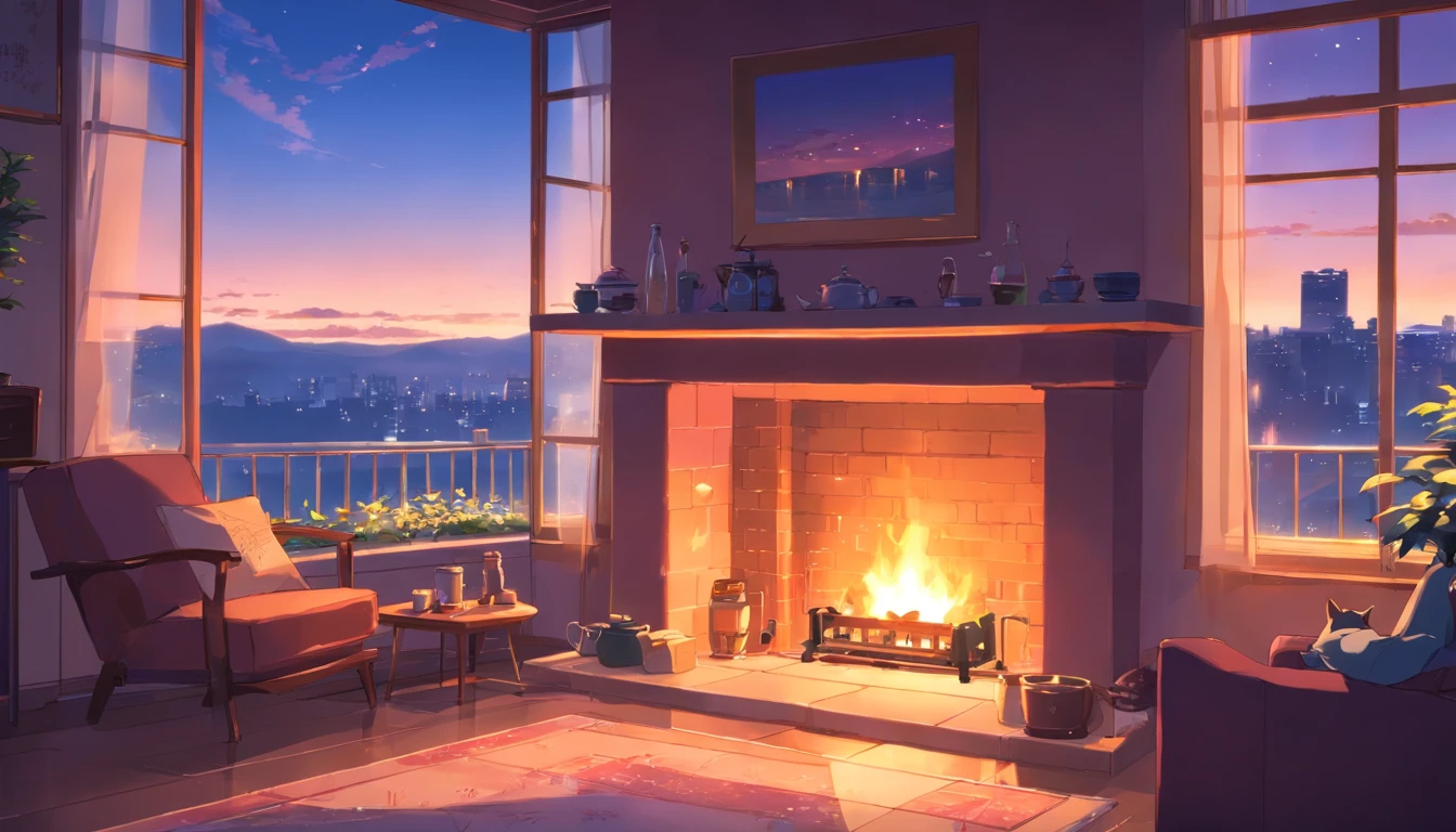 Fireplace at nightfall, cats sleeping, A cup of tea with steam, Scenic windows