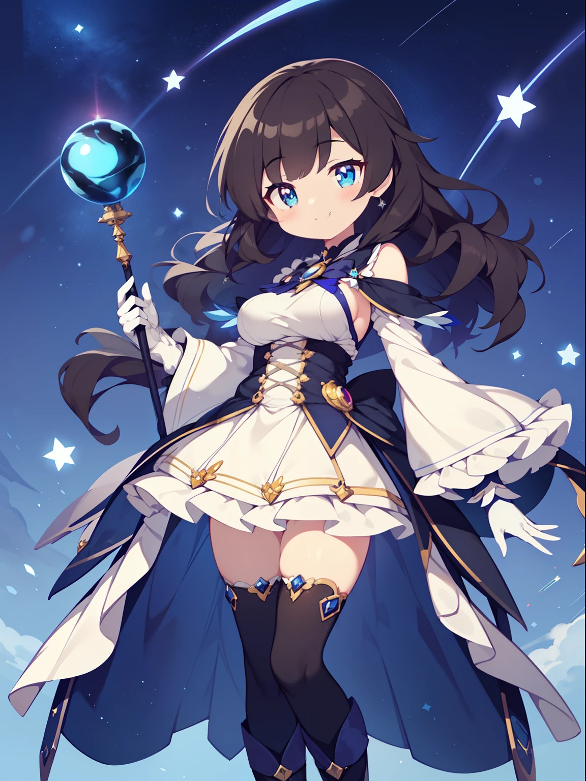 (1girl in:1.2), (Solo:1.2), masutepiece, nffsw、Shaders、Brilliant Textured Work、Ultra-detailed eyes、ultra-intricate pupil in eyes、top-quality、(dark indigo hair:1.5)、Sapphire hair、Lustrous hair、brown-eyed、Shining eyes、Long wavy hair、Magical Girl Dresses、Hierarchical ruffled skirt、Magical Girl Boots、Pure white gloves、Wide sleeves、Shooting Star Elements、Fantasy world、a serene smile、elementary student、小柄、Lori、Lori、 big boobs、(Magical girl wand with blue orb:1.1)、Standing Picture、Elegant face、noble、