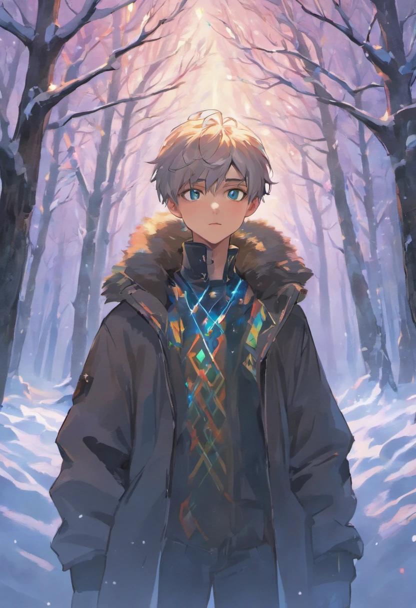 winter light, winter environment, masterpiece, young korean idol boy in focous shot, korean male,full body size, christmas theme, grey eyes, vertical pupils, forest, grey hair, cold look, light modern clothes, pale skin, colour grading, light illustration, the person in the middle, extreme quality, radiant, extremely detailed, ultra-detailed face, ultra hd 8k, ultra digitality, mythical, winter evening lightning, concept art portrait by Greg Rutkowski, artgerm, hyperdetailed, intricately detailed art, fantasy style, triadic colours, fantastical, intricate detail, splash screen, complementary colours, fantasy concept art, 8k resolution, deviantart masterpiece, oil painting, heavy strokes, soft lighting, film photography, analogue photography, film grain, Anna Dittmann, hyperrealism, oil dripping,boy,male, korean idol male face, short hair male,