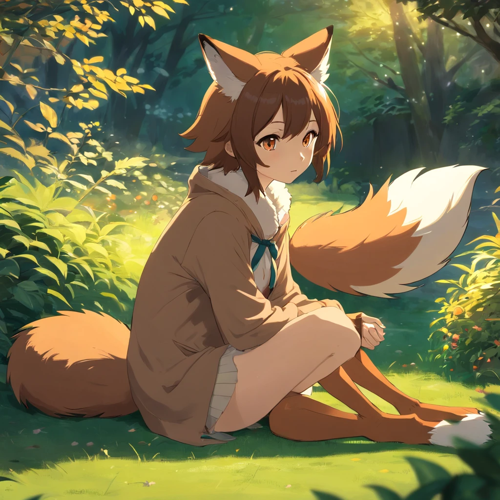 Fox, (Monster Girl), Long brown ears,The inside is dark brown, Brown fur, Sepia neck villi, Brown fluffy tail,Sepia tip, Big brown eyes, dressed sober clothes, Sitting in the garden, Masterpiece, Best quality