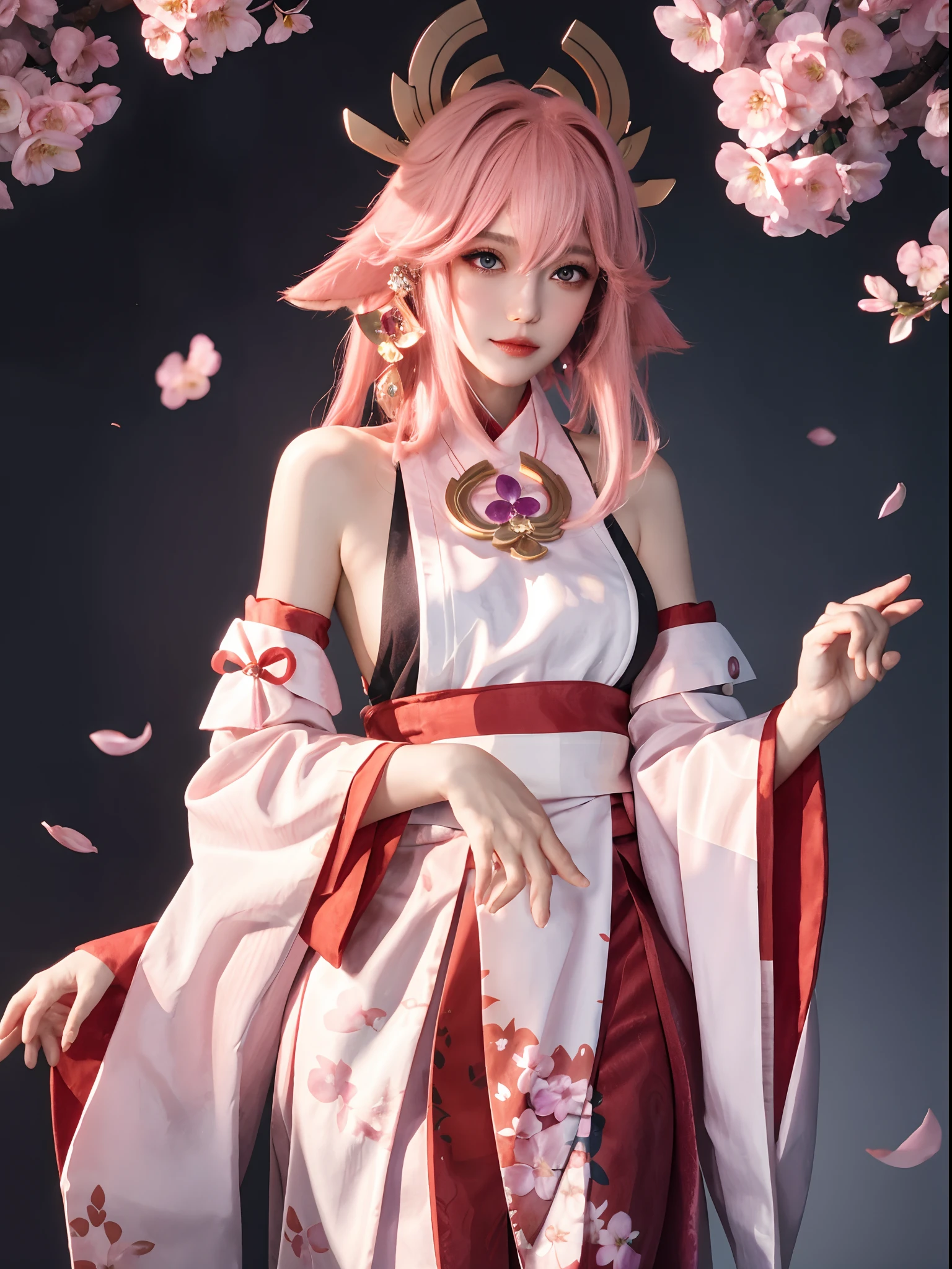 ((masterpiece, best quality)), (1girl),((mature female)), animal ears, bare shoulders, blush, breasts, cherry blossoms, closed mouth, detached sleeves, earrings, fingernails, flower, fox ears, gem, hair between eyes, hair ornament, hand up, japanese clothes, jewelry, kimono, long hair, looking at viewer, medium breasts, miko, nontraditional miko, pink eyes, pink flower, pink hair, purple gemstone, short kimono, sidelocks,standing, yea miko \(genshin impact\),