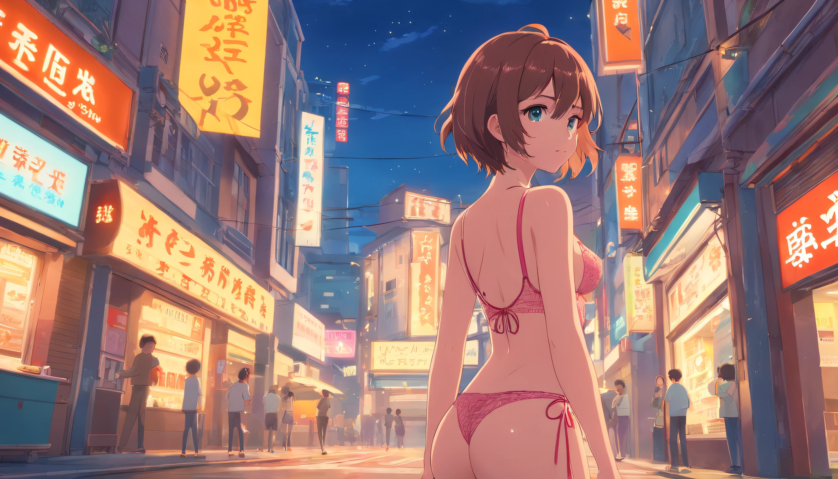 ((sensual lingerie))1girll, nedium breasts, brunette color hair, cropped shoulders, Animated scene of streets with neon signs and buildings, lofi hip hop, Praise Artstyle, Lofi art, chillhop, lofi, anime movie backgrounds, koto no ha no niwa, anime backgrounds, lofi aesthetics, wit studio anime, lofi album art, Lophy Technology, lofi vibes, lofi feel, Lofe Vibe、((tmasterpiece),(the Extremely Detailed CG Unity 8K Wallpapers)、top-quality、、独奏、1girll、电影灯光、细致背景、beatiful detailed eyes、Bright pupils、(Extremely Delicately Beautiful)、(Beautiful and detailed eyes description)、ultra - detailed、tmasterpiece、))