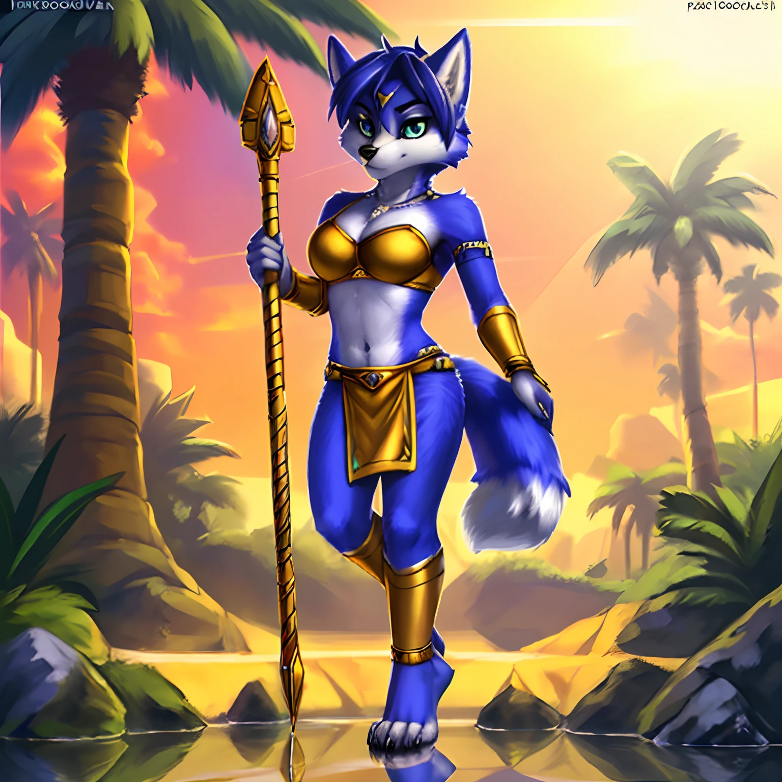 [Krystal_(starfox)], [Uploaded to e621.net; (Pixelsketcher), (foxovh), (fluffkevlar], ((masterpiece)), ((solo portrait)), ((full body)), ((feet visible)), ((furry; anthro fox)), ((detailed fur)), ((reflective lighting)), ((intricate details)), ((detailed shading)), ((beautiful 2D art)), {anthro; blue fur, black nose, blue fox tail, (white body markings), short blue hair, beautiful eyes, (seductive gaze), (expressionless)}, {(tribal outfit), (gold strapless bra), (gold shoulder pads), (gold anklets), (gold bracers), (gold tail bracelet), (white loin cloth), (midriff), cleavage, curvaceous hips), (toeless shoes), (beautiful legs), (beautiful feet)}, {(looking ahead), (sitting next to tree), (attractive), (parted legs)}, [background; (palm trees), (stones), (sunset)]
