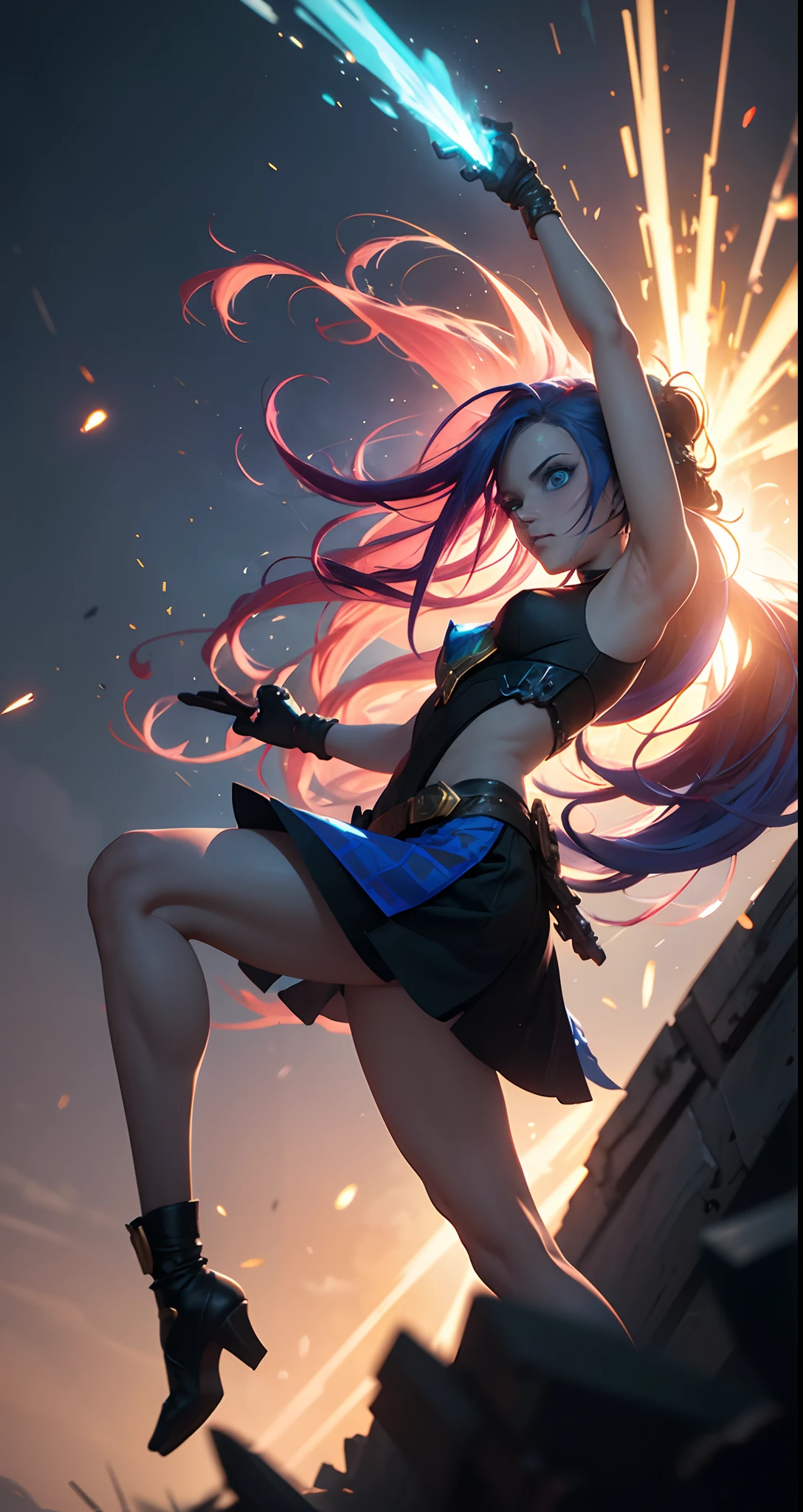 Jinx stole, super background, tmasterpiece, higly detailed, Glow Blue Eyes, Epicness, grenade, Epic backstory, A masterpiece of explosions, Персонаж игры Кейтлин League of Legends,higly detailed, Scene in motion, madness, the wind, Explosions of the best quality, filmstill, 1 Jinx, Jinx from the clouds, soaring in the sky, a closeup of a, The vibrant, a happy, warm soft lighting, Sundown, (sparks: 0,7)