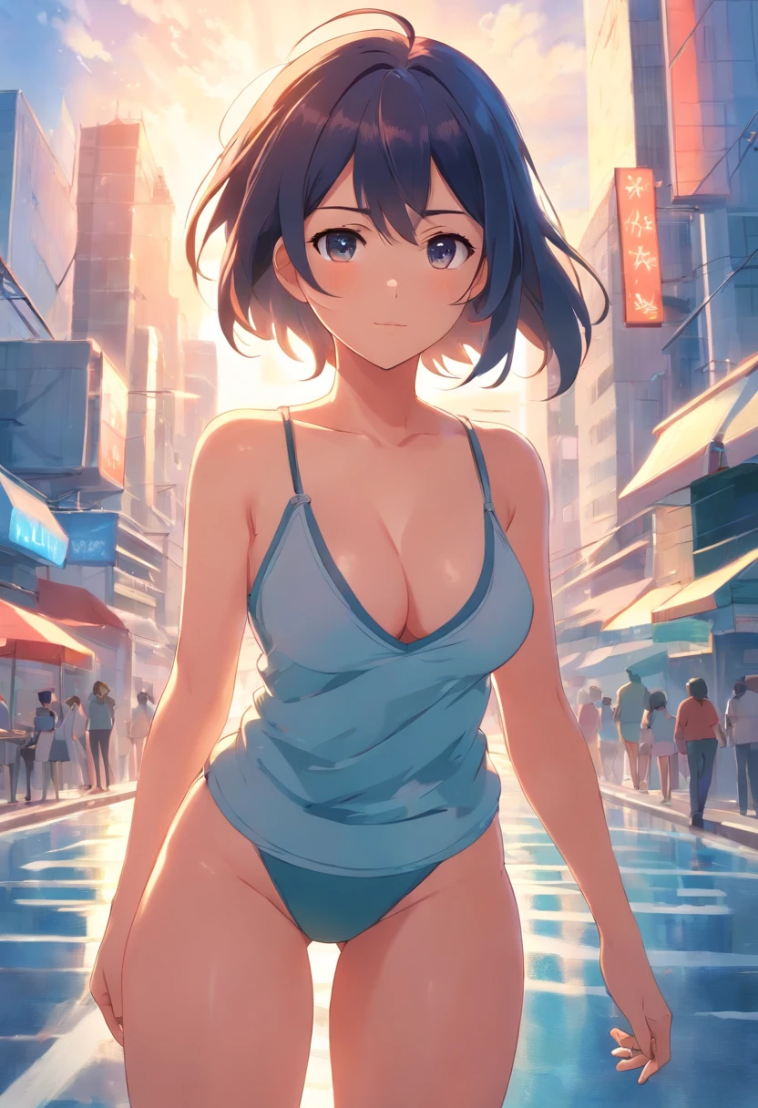1 gil, huge breasts cleavage, anime big breast, busty body, mini tanktop, short panty,
