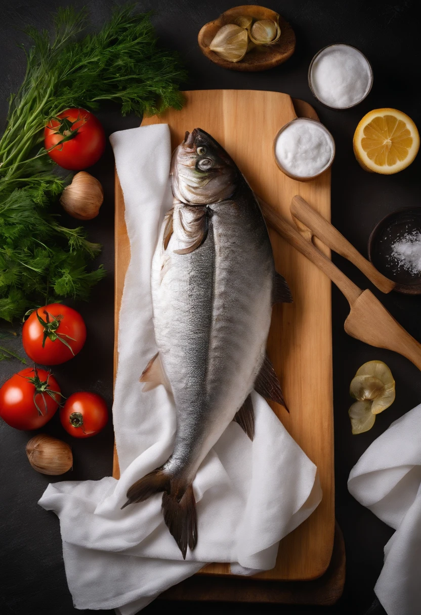 Raw fish wrapped in a kitchen board with white paper towels,True 4K HD 1;1 Horizontal version