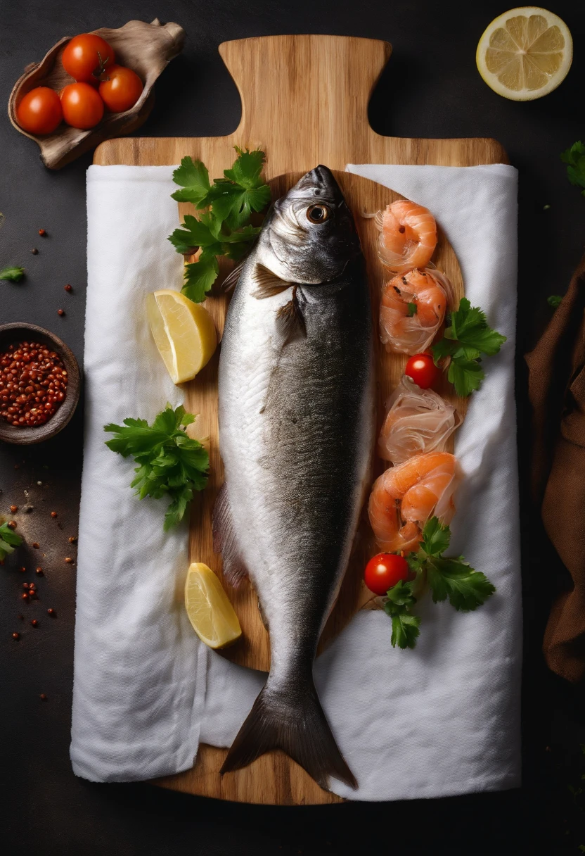 Raw fish wrapped in a kitchen board with white paper towels，True 4K HD 1；1 Horizontal version