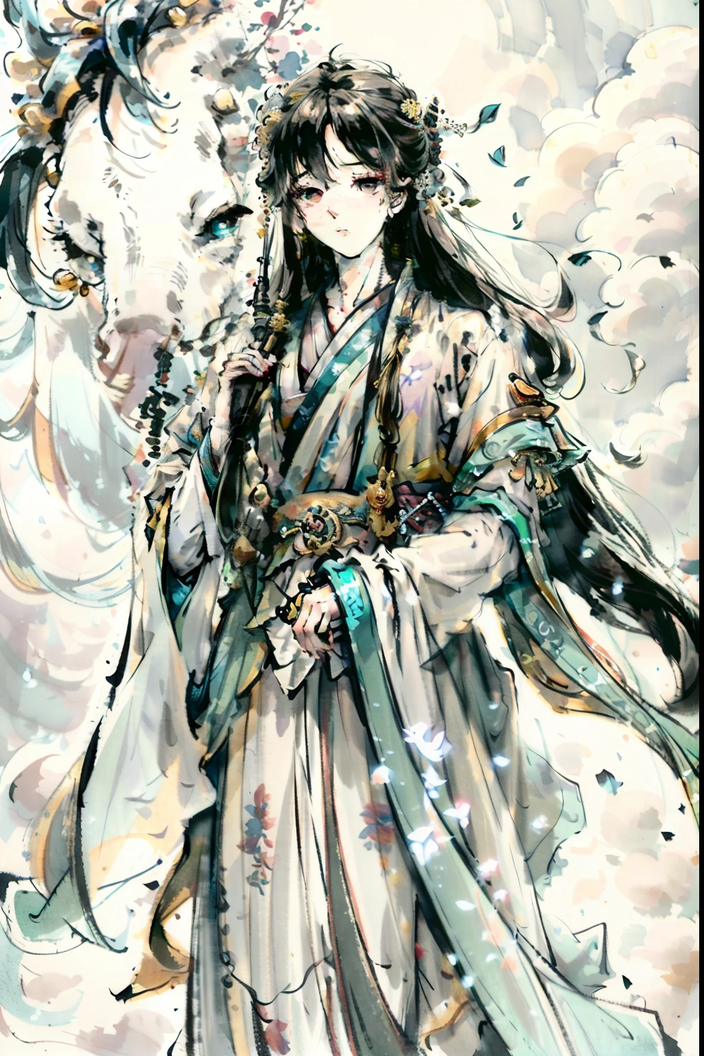 (best quality,4k,8k,highres,masterpiece:1.2),ultra-detailed,(realistic,photorealistic,photo-realistic:1.37),a young man in ancient style,floating in the sky,overlooking the vast ocean. A majestic whale and a magnificent bird accompany him as he soars through the clouds. The young man's attire is adorned with intricate floral patterns, reflecting the beauty of nature. His hair flows freely in the wind, and his eyes are filled with a sense of wonder. The colors of the scene are vibrant and ethereal, with a soft pastel palette that creates a dream-like atmosphere. The lighting casts an otherworldly glow, illuminating the young man and the creatures around him. This artwork is reminiscent of traditional Chinese ink paintings, blending fantasy and realism in a harmonious way.