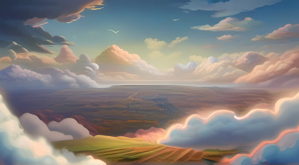 Fantasy Illustration、sea of clouds、A world of clouds、A world made of clouds、A world made up entirely of clouds、widescreen format, panoramic compositions, sweeping landscapes, cinematic visuals, immersive storytelling, dramatic scope、naive art, childlike style, playful imagery, simple forms, vibrant colors, emotive expression, untrained aestheti、