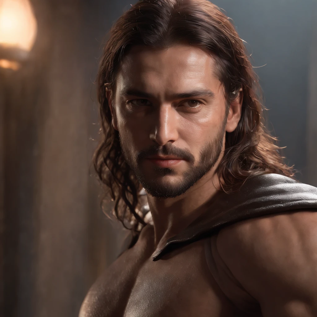 (Professional 3D rendering:1.3) de (Realistic:1.3) Foto de arte mais bonita do mundo，Features soft, bright male heroes, ((Epic hero fantasy rough muscular man wet hero angry look long hair short beard and fierce expression in dynamic pose, fantastic location, majestoso ambiente desordenado)), corpo inteiro 8k unidade render, action shot, poros da pele, very dark lighting, sombreamento pesado, circunstanciado, Rosto detalhado, (vibrante, fotogrdeia realista, Realistic, Dramatic, Escuro, foco nítido, 8k), (Old leather clothes damaged by bad weather:1.4), ((((Use peles)))), (intrincado:1.4), decadente, (altamente detalhado:1.4), pintura digital, rendering by octane, art stations, Conceito-Arte, liso, foco nítido, illustration, germe da arte, (Loish:0.23), Wlop Ilya Kuvshinov, e Greg Rutkowski e Alphonse Mucha Gracias, (global ilumination, studiolight, Light Volumetric), chuva forte, floating particles, patife, fantasia, Onze, corpo inteiroesbian, ((Fundo escuro e antigo da cidade:1.3)),CGSesociedade,art stations no beard and batman suit at night