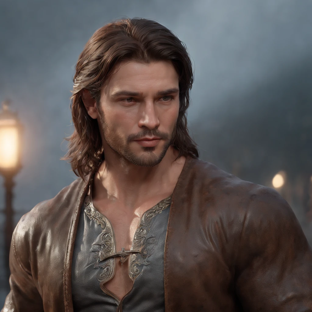 (Professional 3D rendering:1.3) de (Realistic:1.3) Foto de arte mais bonita do mundo,Features soft, bright male heroes, ((Epic hero fantasy rough muscular man wet hero angry look long hair short beard and fierce expression in dynamic pose, fantastic location, majestoso ambiente desordenado)), corpo inteiro 8k unidade render, action shot, poros da pele, very dark lighting, sombreamento pesado, circunstanciado, Rosto detalhado, (vibrante, fotogrdeia realista, Realistic, Dramatic, Escuro, foco nítido, 8k), (Old leather clothes damaged by bad weather:1.4), ((((Use peles)))), (intrincado:1.4), decadente, (altamente detalhado:1.4), pintura digital, rendering by octane, art stations, Conceito-Arte, liso, foco nítido, illustration, germe da arte, (Loish:0.23), Wlop Ilya Kuvshinov, e Greg Rutkowski e Alphonse Mucha Gracias, (global ilumination, studiolight, Light Volumetric), chuva forte, floating particles, patife, fantasia, Onze, corpo inteiroesbian, ((Fundo escuro e antigo da cidade:1.3)),CGSesociedade,art stations no beard and batman suit at night