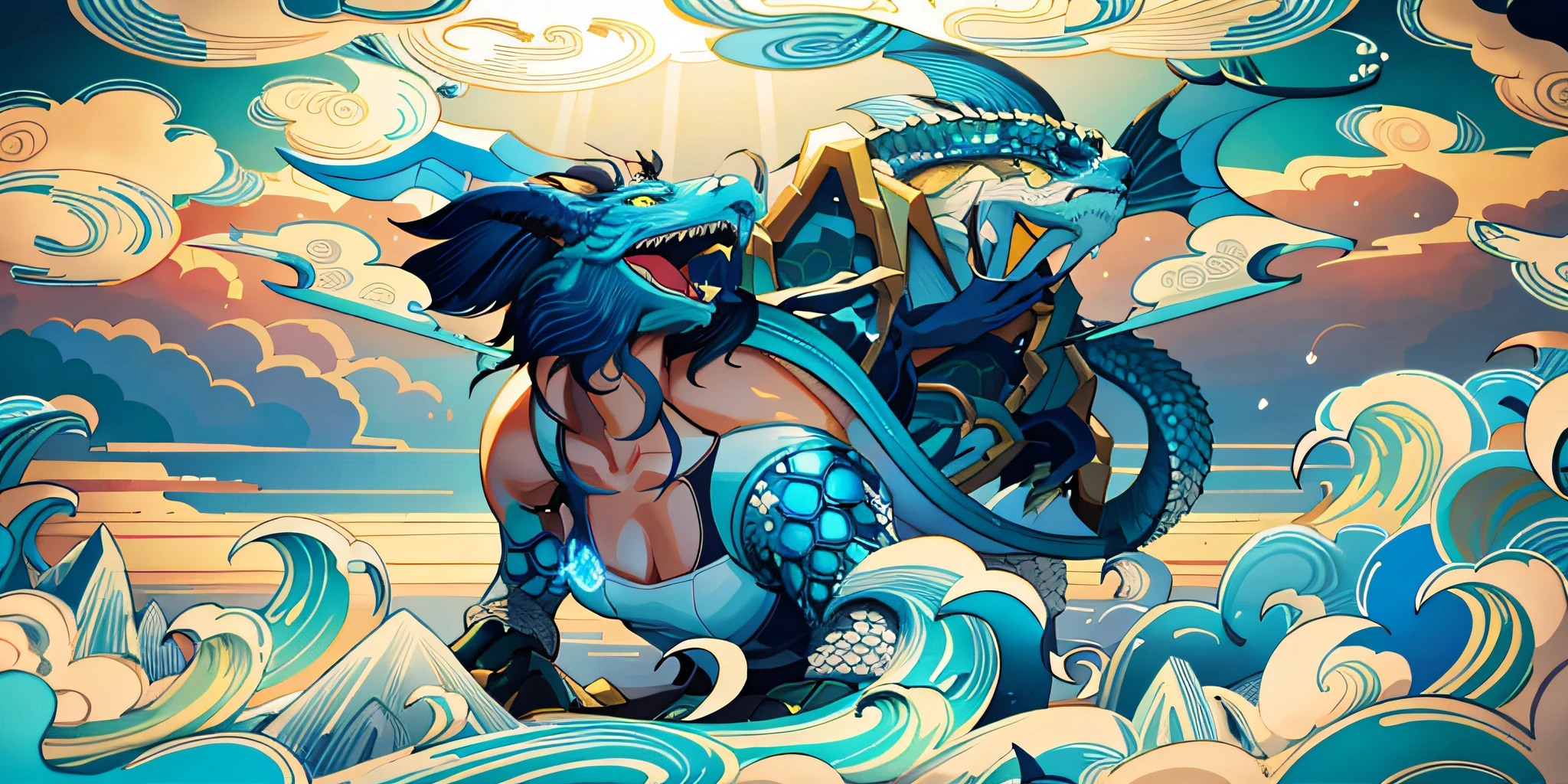 Vickers style, The graphics in the poster design are ocean colors, Chinese dragon turtle in ink painting, and a combination of dragons, As a water god, Living in the North Sea, Control thunderstorms at sea, an ancient Chinese god, turtle, drak, Mare, stony, Super sharp,Realistic details,Auspicious clouds, depth of fields, God Ray, fantasy coloring, romanticism lain, art-deco, Cinematic lighting, Depth of field, Sparkle, god light, Ray tracing, Ultra-wide angle, first person perspective, Wide shot, hyper HD, High quality, High details, Textured skin, Best quality