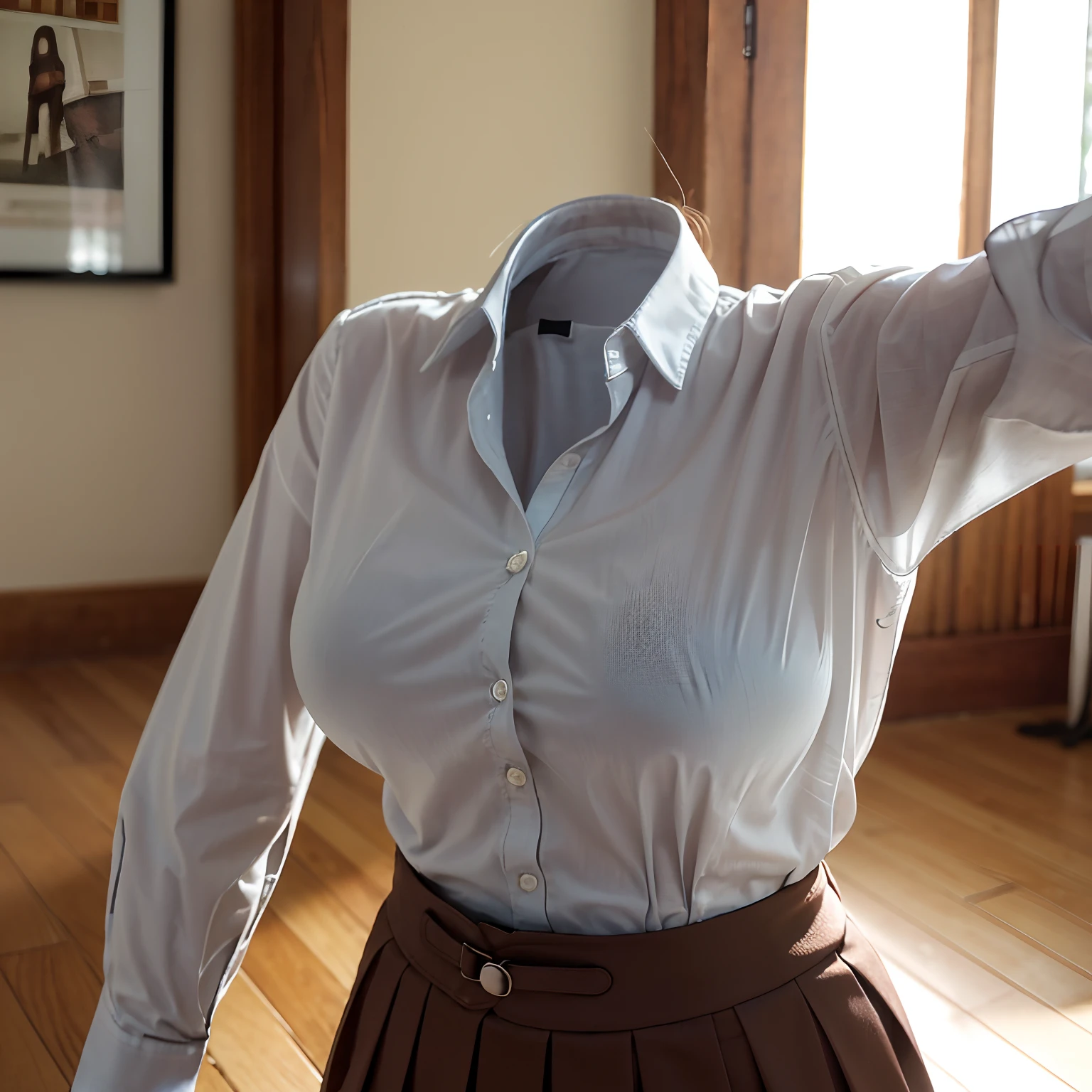 (girls' school blouse:1.7) , (school blouse swells as if worn by invisible girl:1.7),((invisible, no humans:1.7, headless:1.7, handless, legless)), (big breasts:1.9),(on wooden floor ),(arms up),
(8k, RAW photo, best quality, masterpiece:1.2), (realistic, photo-realistic:1.37),photon mapping, radiosity, ((Hasselblad photography)),physically-based rendering,