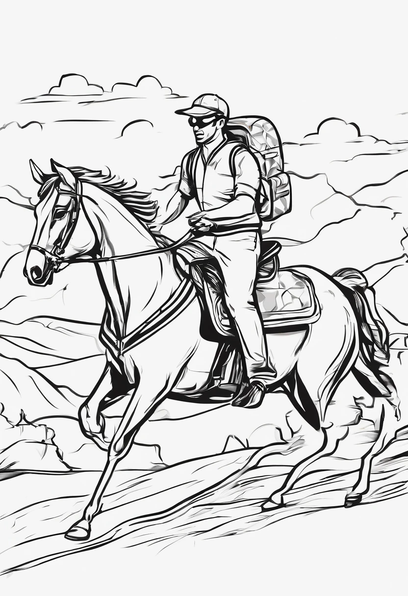 Man with pizza delivery guy's backpack on his back on a horse that's running. Visto de lado em 2d