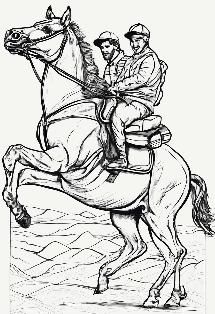 Man with pizza delivery guy's backpack on his back on a horse that's running. Visto de lado em 2d