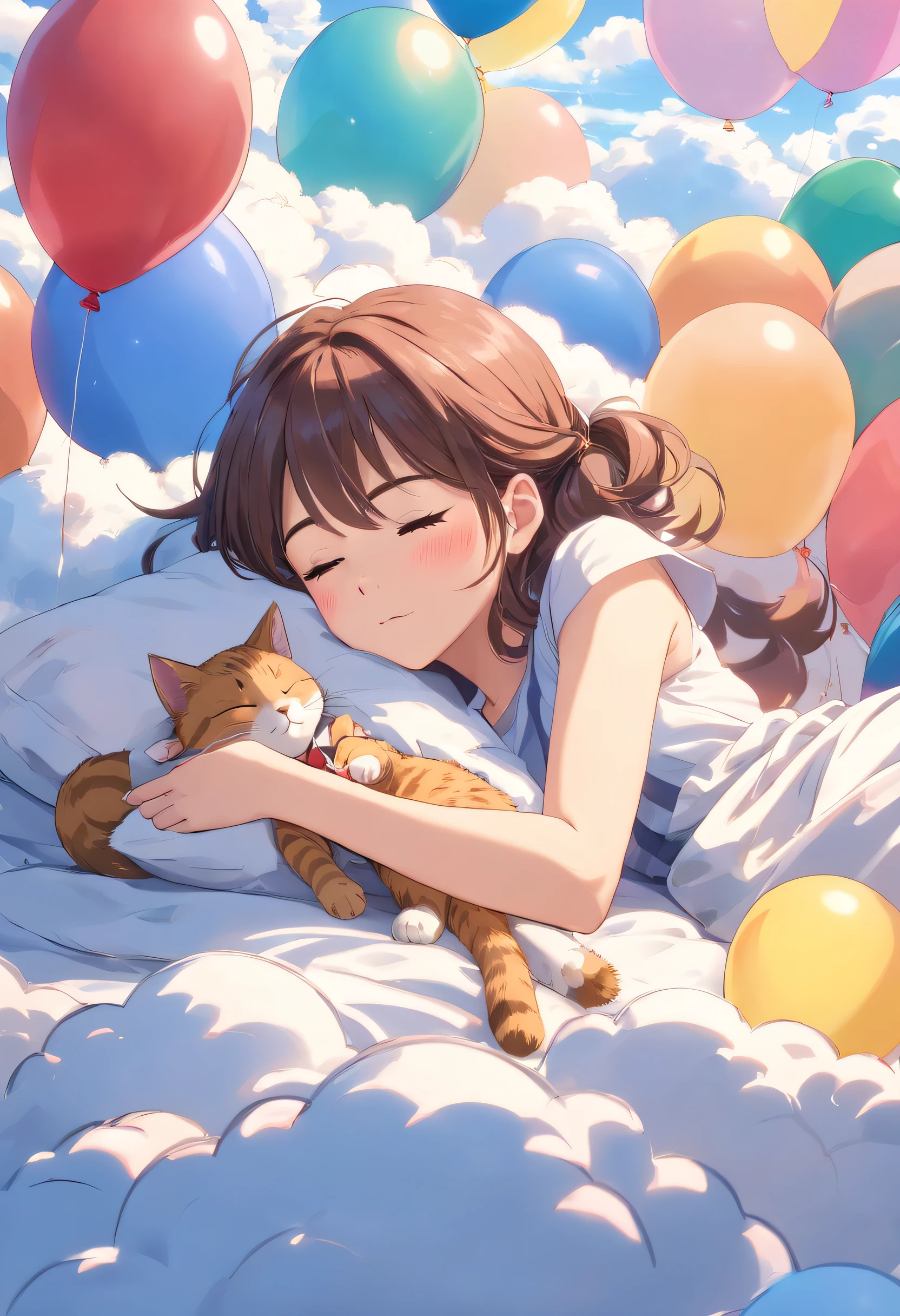 (((on clouds)Lots of(Bed with balloons)Beautiful girl sleeping while holding a stuffed cat in))、masutepiece、A hyper-realistic