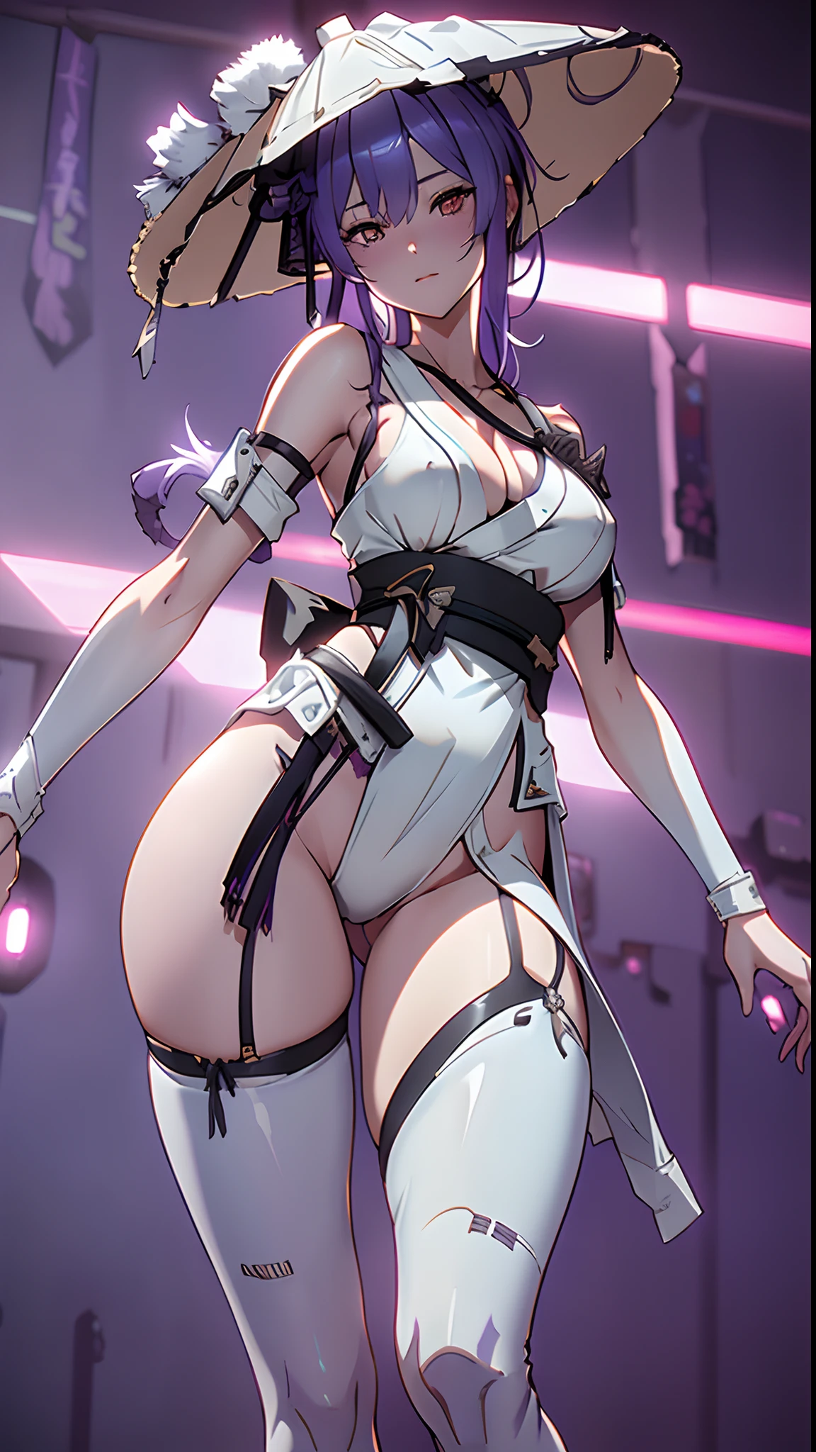 1 girl, tie purple hair, long light purple hair, wide large Ronin white hat, gold eyes, white robe, katana, cool and sexy face, white thigh knee sock, white loose short kimono, Sharp face, battlefield, outside, black high-heeled shoe, standing, scarlet, white panty, one person, alone, booze, Best quality, masterpiece, 3D, an image of a beautiful female samurai, HDR (High Dynamic Range), Ray Tracing, NVIDIA RTX, Super-Resolution, Unreal 5,Subsurface scattering, PBR Texturing, Post-processing, Anisotropic Filtering, Depth-of-field, Maximum clarity and sharpness, Multi-layered textures, Surface shading, Accurate simulation of light-material interaction, Perfect proportions, Octane Render, 8k, high res