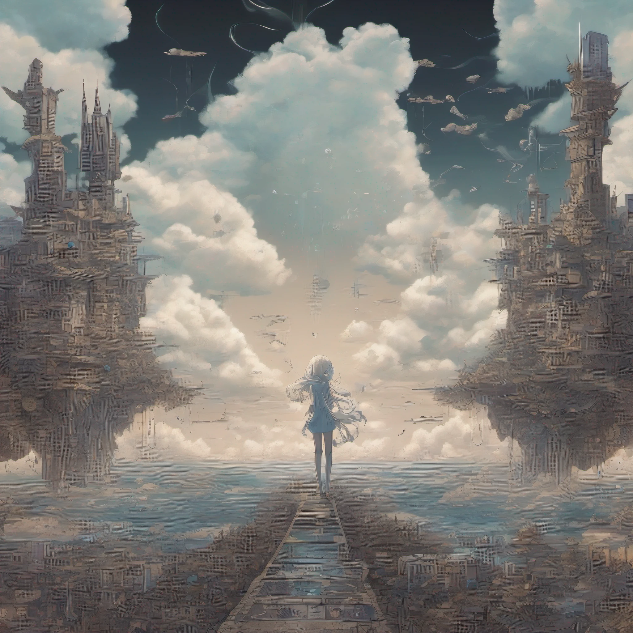 step into a world where clouds are not just masses of water droplets suspended in the sky, but rather enigmatic entities with hidden depths and complex personalities. Glitches and artifacts abound, creating a disorienting yet mesmerizing effect that draws you further in. Strange symbols and codes seem to pulse with an otherworldly energy, hinting at secrets waiting to be discovered. The air is thick with anticipation, as if something big is about to happen. You find yourself questioning what is real and what is merely an illusion, as the boundaries between physical and digital become increasingly blurred. This is a place where anything could happen, where the unexpected is the norm and the impossible becomes possible. Embrace the chaos and let go of your preconceptions, for in this realm, nothing is as it seems and everything is open to interpretation.