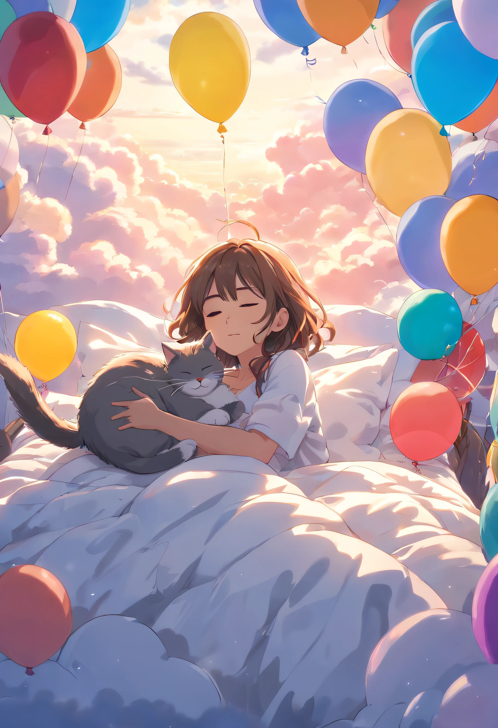 (((on clouds)Lots of(Bed with balloons)Beautiful girl sleeping while holding a stuffed cat in))、masutepiece、A hyper-realistic