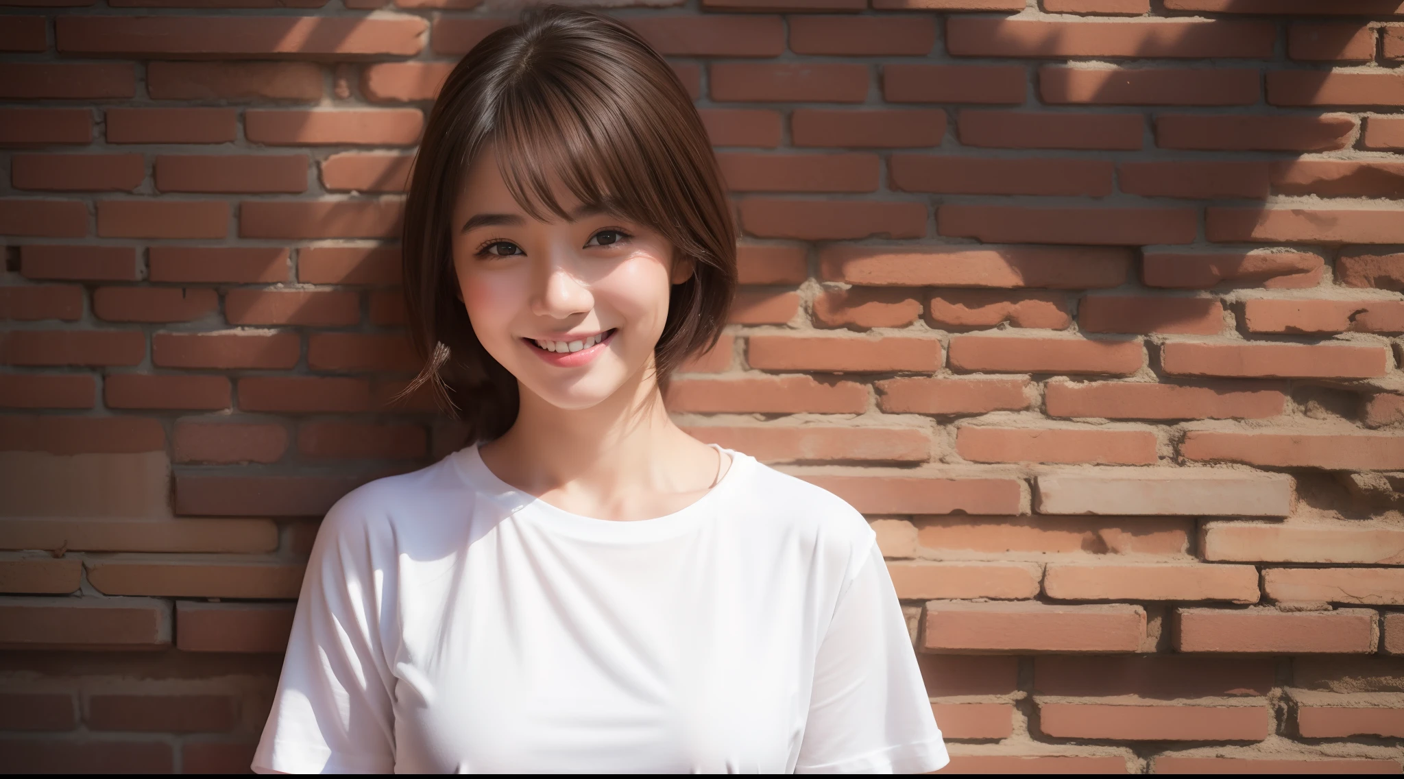 girl with, 独奏, a smile, Wearing a white T-shirt, Brick wall background, top-quality, ​masterpiece, Realistic, ultra-detailliert, natural soft light