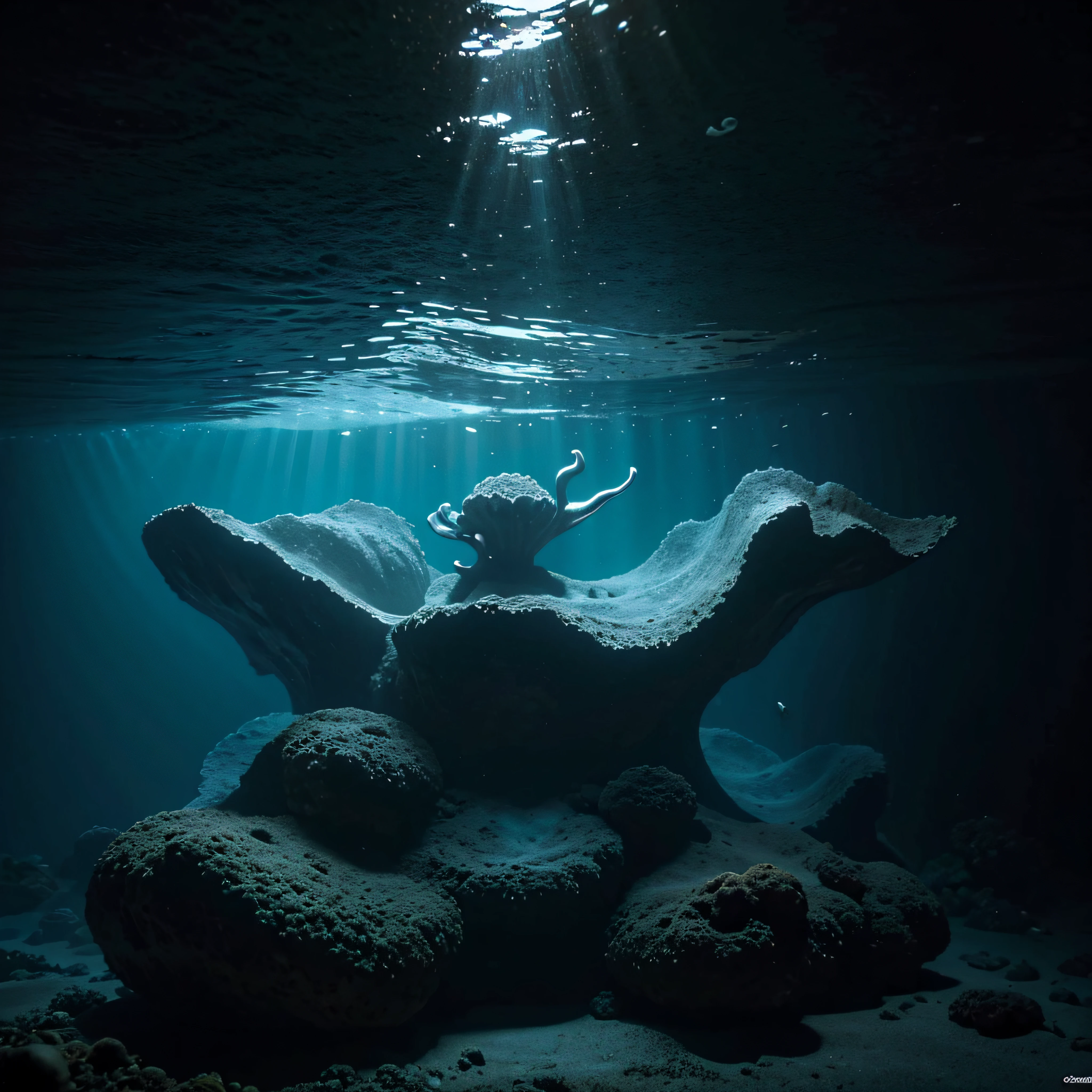 (extremadamente detallado, obra maestra, La mejor calidad, Under the Ocean), Estilo oscuro, volumetric illumination. textura de babosa, piel de caracol. manchas de tinta. Rococo composition.
