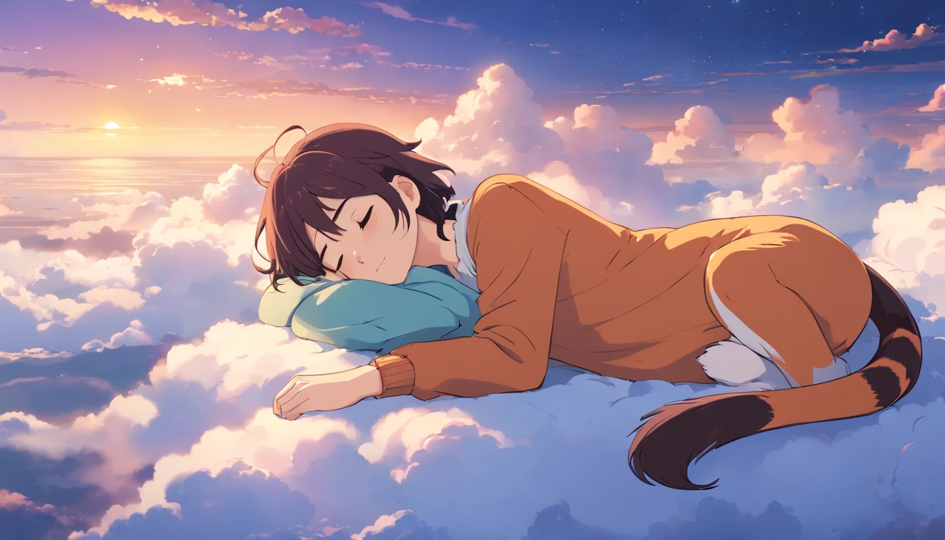Cute animals sleeping, On the clouds,Tight details,beautiful surroundings,dream magical