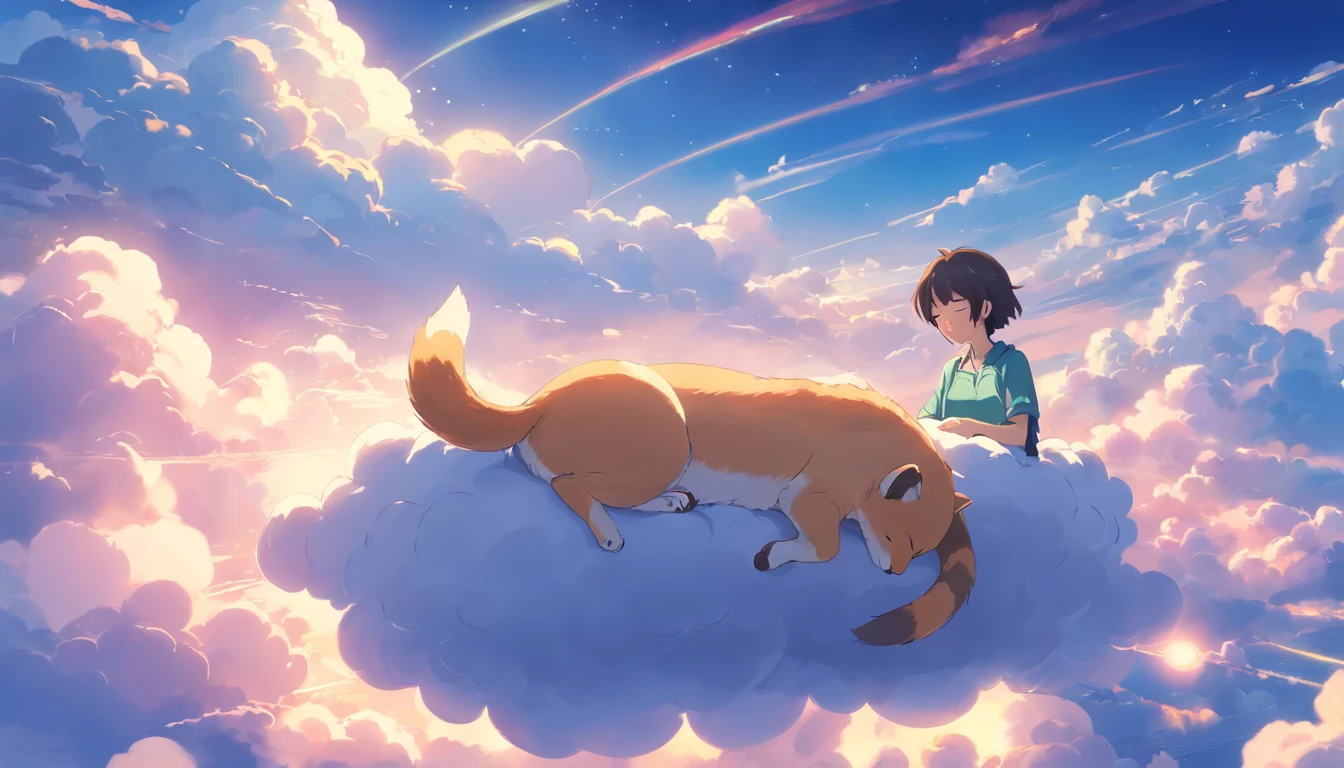 Cute animals sleeping, On the clouds，Tight details，beautiful surroundings，dream magical