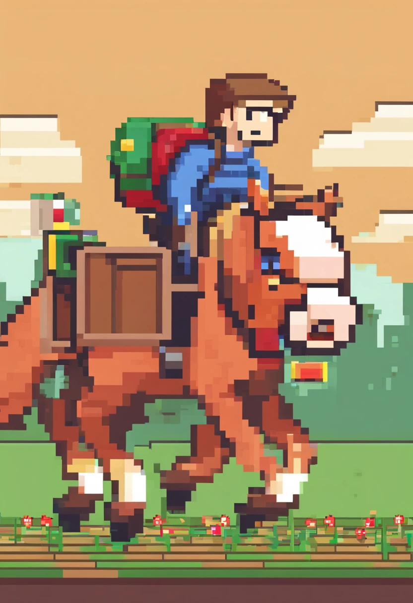 Man with pizza delivery guy's backpack on his back on a horse that's running.