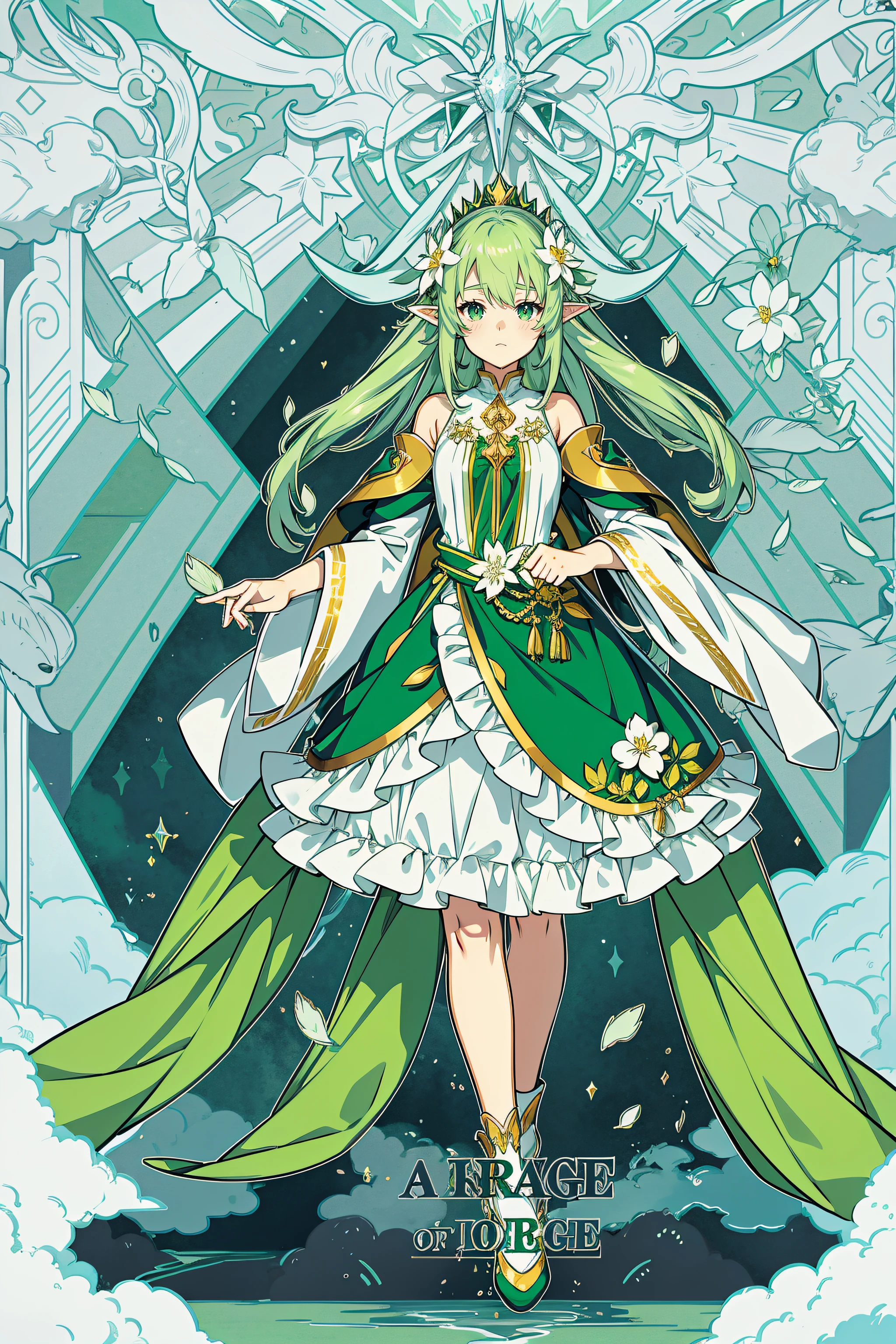 Anime girls wear green dresses,Long hair and green cape, full body adoptable, character adoptable, cute anime waifu in a nice dress, pretty anime character design, !!Full body portrait!!, elf girl wearing an flower suit, humanoid flora, anime full body illustration, full body commission for, the non-binary deity of spring, clear outfit design,Dark green, light green, heterochromatic pupils
