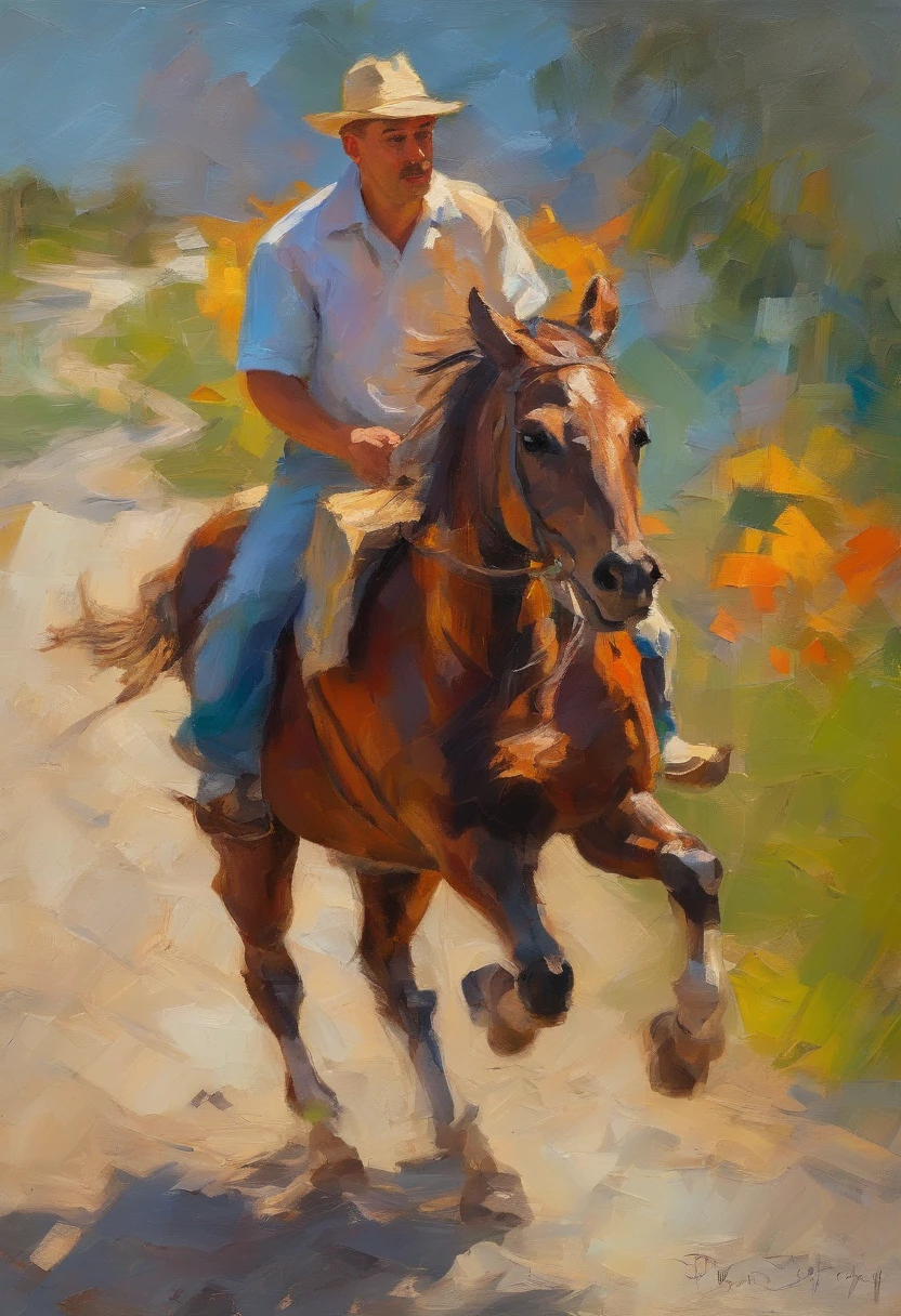 Man with pizza delivery guy's backpack on his back on a horse that's running.